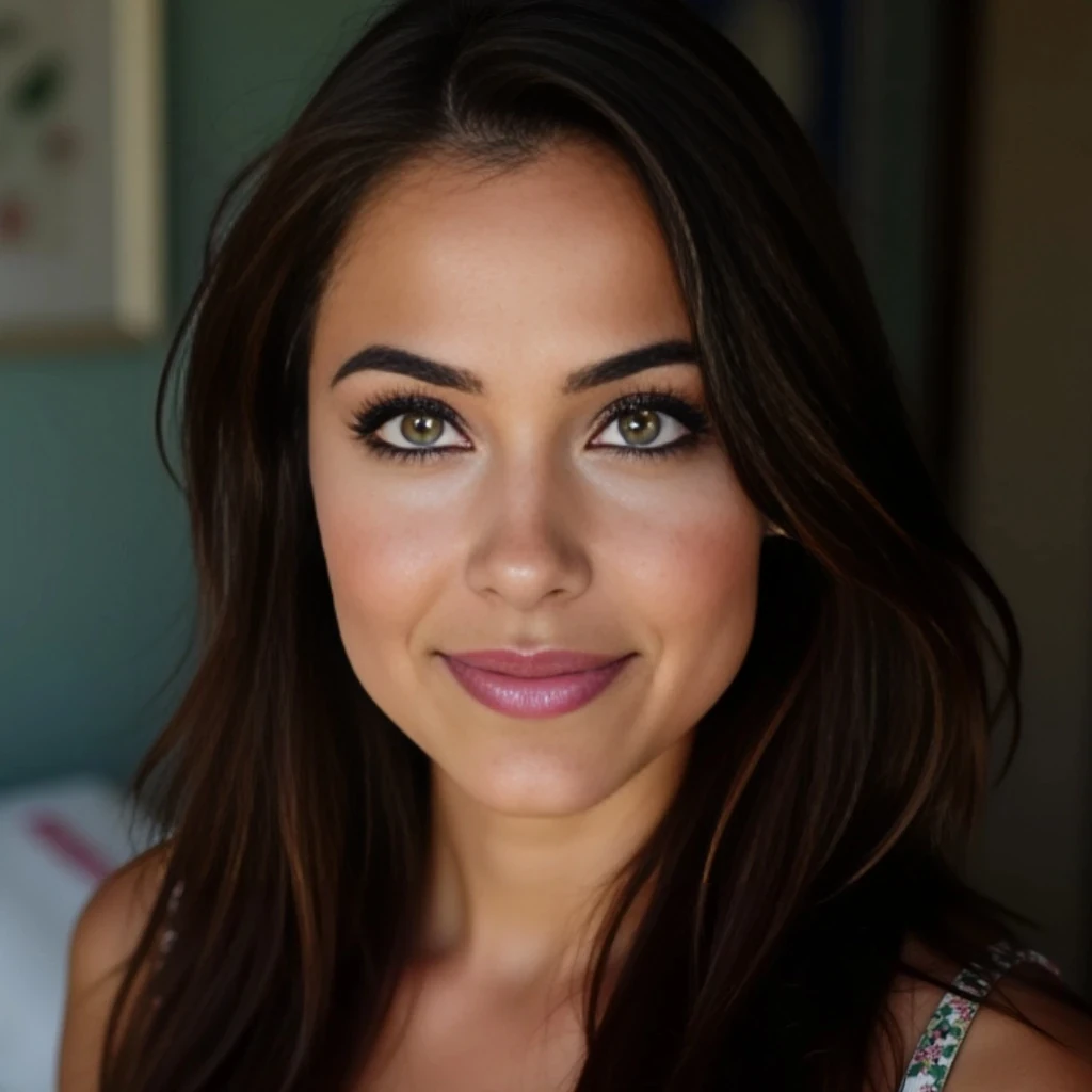 “An attractive brunette woman with green eyes”