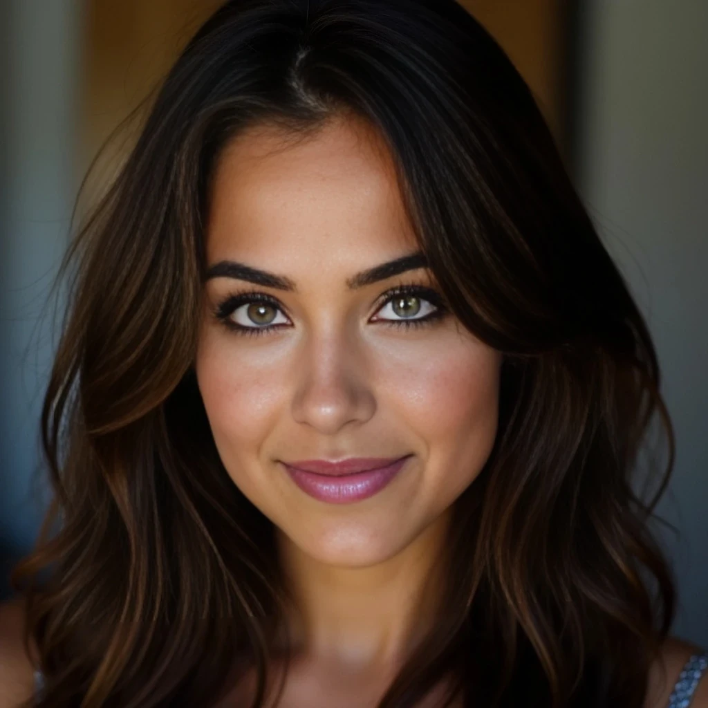 “An attractive brunette woman with green eyes”
