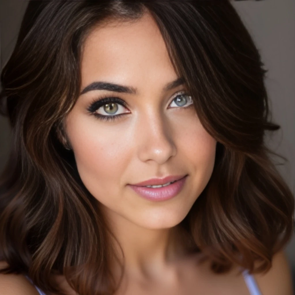 “An attractive brunette woman with green eyes”