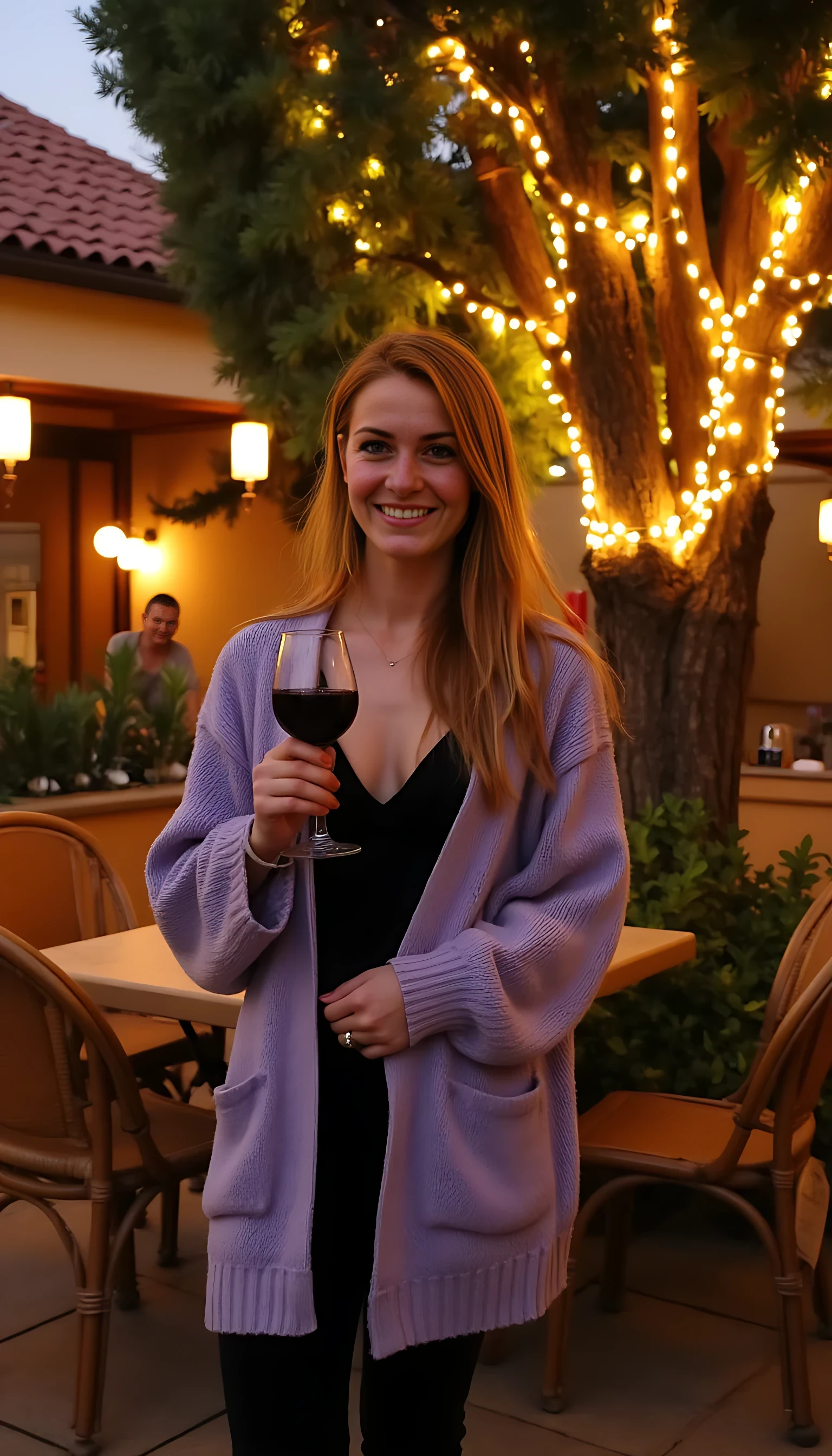 blonde A full body shot photo of a woman standing outdoors at a cozy, warmly lit patio in the evening, with soft, glowing lights wrapped around a tree behind them creating a charming atmosphere. The image is rich in detail, with warm tones and clear textures throughout. The woman has fair skin, a slim build, and long reddish-blonde hair, also worn loose. She is smiling warmly at the camera, holding a glass of red wine in her right hand, and wears a soft-textured lavender cardigan over a black top. The background features a large tree with sparkling string lights wrapped around its trunk and branches, adding a magical touch to the scene. The setting suggests a private outdoor seating area, with elements like terracotta-tiled roofing, greenery, and rattan chairs contributing to a serene, inviting vibe. The overall composition is balanced, with the woman framed against the softly glowing tree, and the lighting enhances the warm, intimate feel of a quiet evening shared among friends. The details are vivid, with textures of clothing, skin, and background elements clearly visible, while the warm lighting creates a relaxed and joyful mood