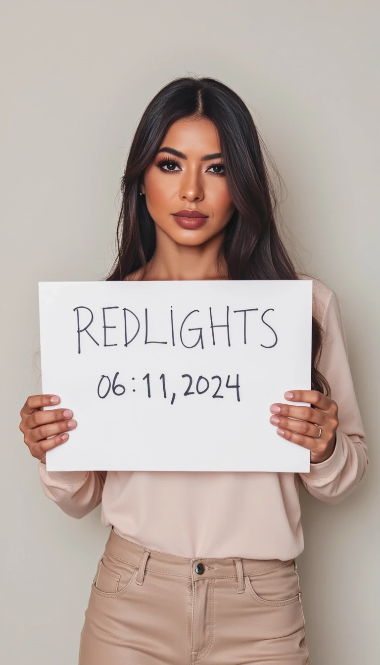 photo of woman CSTMDL, woman holds a sign with handwritten text. She is wearing long sleeves and has neutral makeup. The sign reads "REDLIGHTS" followed by "06/11/2024" in a simple script. The background is a plain, light-colored wall, providing a minimalist and uncluttered setting.