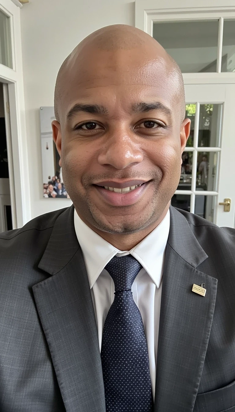 Human filter , grey suit, white house, smiling and same face of Carter with bald head, real look, cstmdl