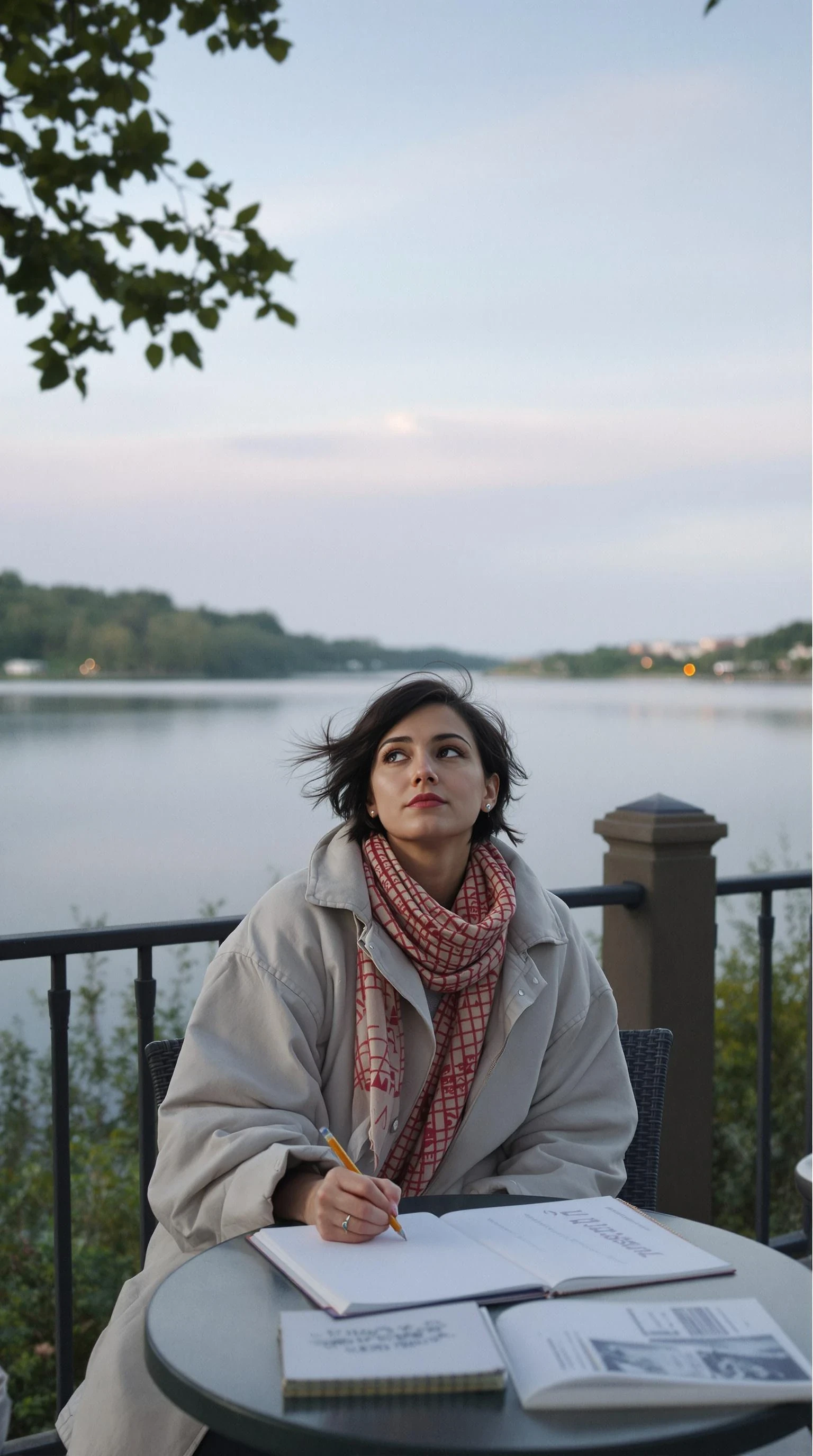 Ultra-realistic candid photo of a woman named Liv, 29, sitting at a small café table near a quiet lake in the early evening. She wears a light oversized jacket and a scarf, sketchbook open in front of her, pencil in hand. Her short, slightly messy dark hair moves gently in the wind. She looks up, half-lost in thought, as if about to say something meaningful. The lighting is soft and natural, like during blue hour. The mood is quiet, emotional, and artistic — like a spontaneous moment caught by someone who knows her well. Visible skin texture, analog film aesthetics.
