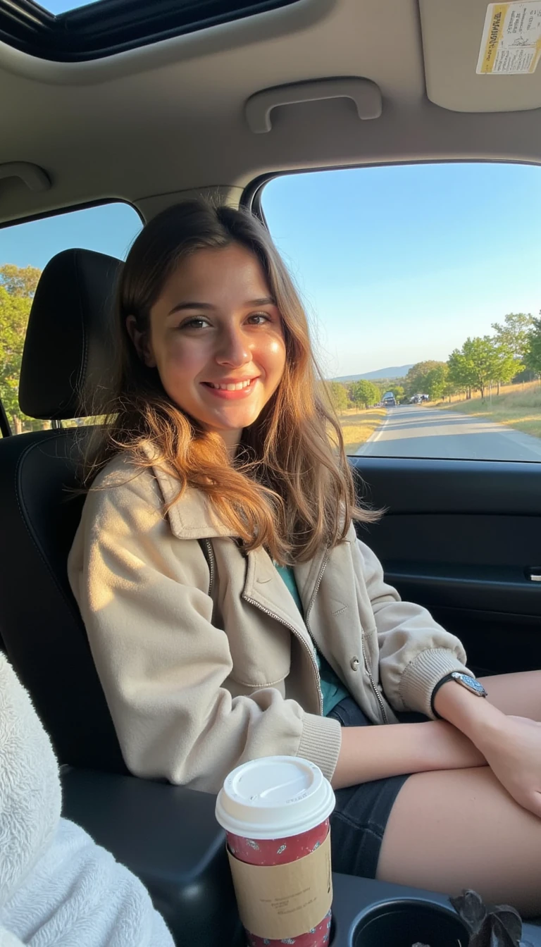 boring low quality snapchat photo circa 2015, A young woman with a warm smile, sitting in the driver's seat of a cozy car. She has soft, wavy brown hair cascading past her shoulders. The sunlight streams through the window, casting a gentle glow on her face. The interior of the car is neat and comfortable, with a coffee cup in the cup holder and a small plant on the dashboard. The background outside the window shows a scenic road lined with trees and blue skies