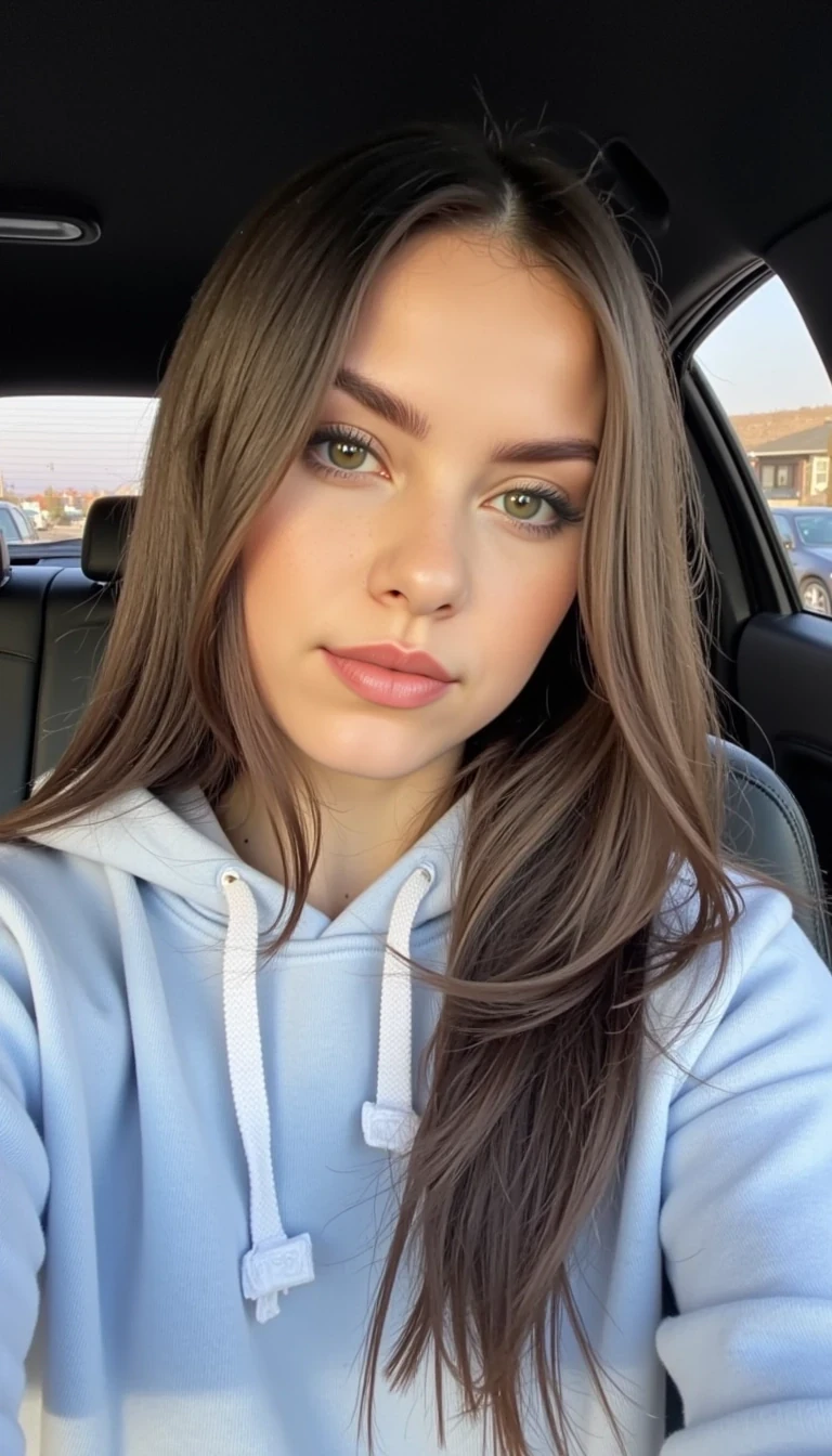 CSTMDL, A pretty brunette with smooth straight hair takes a selfie in a car, wearing a casual hoodie and light makeup. The picture feels spontaneous, like a TikTok moment, realistic and unfiltered style.