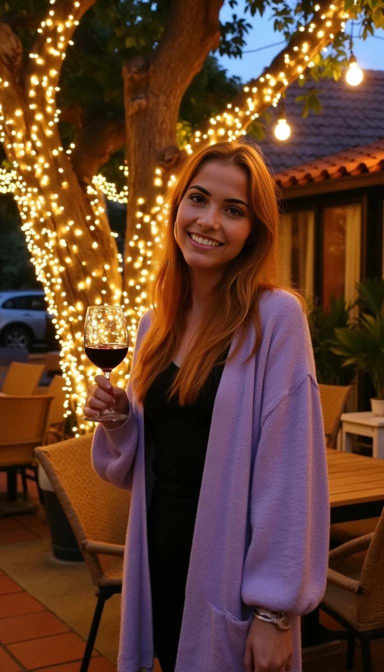 A full body shot photo of a woman standing outdoors at a cozy, warmly lit patio in the evening, with soft, glowing lights wrapped around a tree behind them creating a charming atmosphere. The image is rich in detail, with warm tones and clear textures throughout. The woman has fair skin, a slim build, and long reddish-blonde hair, also worn loose. She is smiling warmly at the camera, holding a glass of red wine in her right hand, and wears a soft-textured lavender cardigan over a black top. The background features a large tree with sparkling string lights wrapped around its trunk and branches, adding a magical touch to the scene. The setting suggests a private outdoor seating area, with elements like terracotta-tiled roofing, greenery, and rattan chairs contributing to a serene, inviting vibe. The overall composition is balanced, with the woman framed against the softly glowing tree, and the lighting enhances the warm, intimate feel of a quiet evening shared among friends. The details are vivid, with textures of clothing, skin, and background elements clearly visible, while the warm lighting creates a relaxed and joyful mood