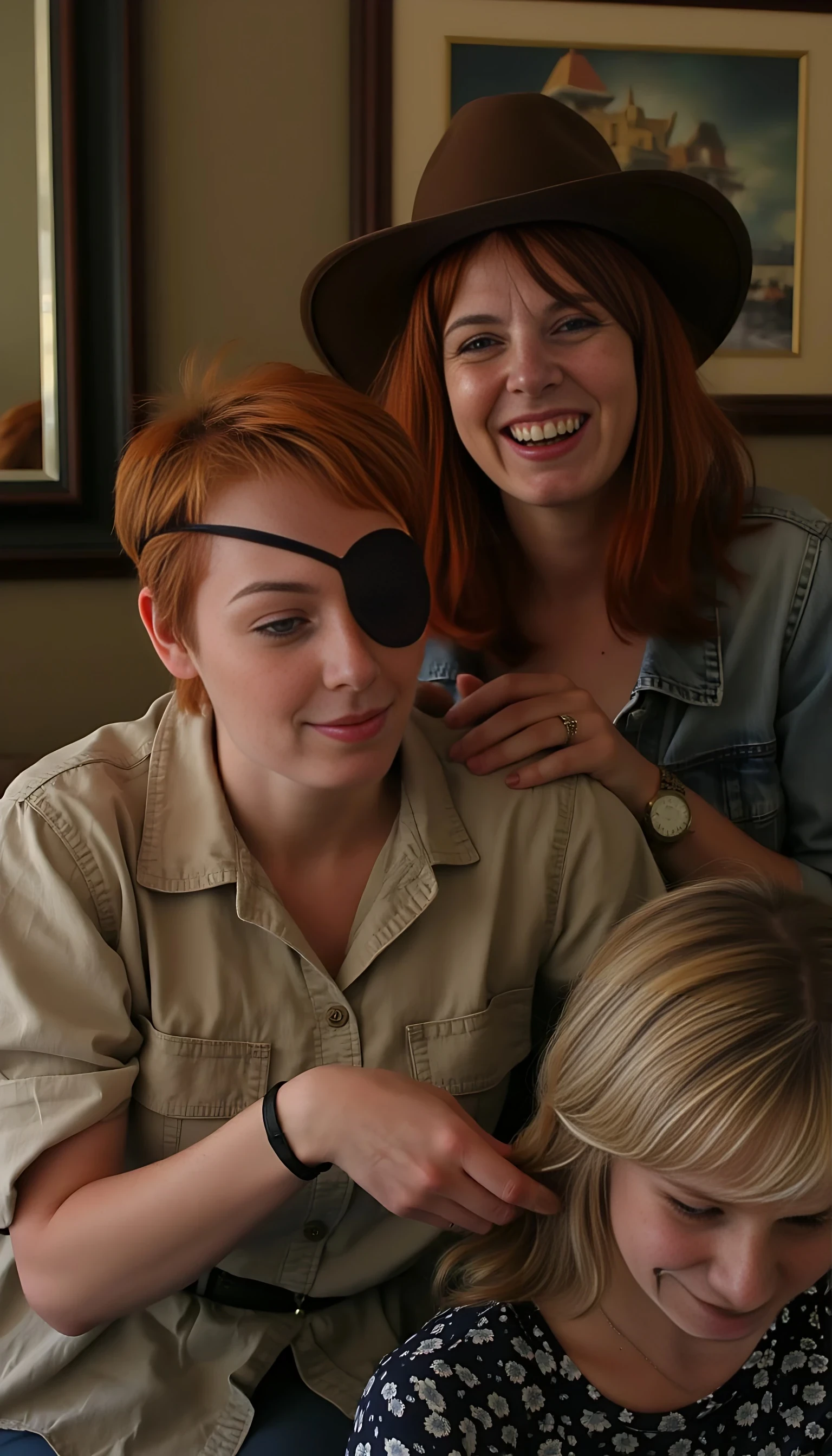 A short natural redhead pixie cut on a women. An eye patch on the just the left eye covering it. A brown cowboy hat.  Realistic high quality photo. A short hair blonde sits on a chair. Her hair has just been cut off and she is crying a lot.  The redhead holds the blonde woman’s hair in her hands. The redhead is laughing.