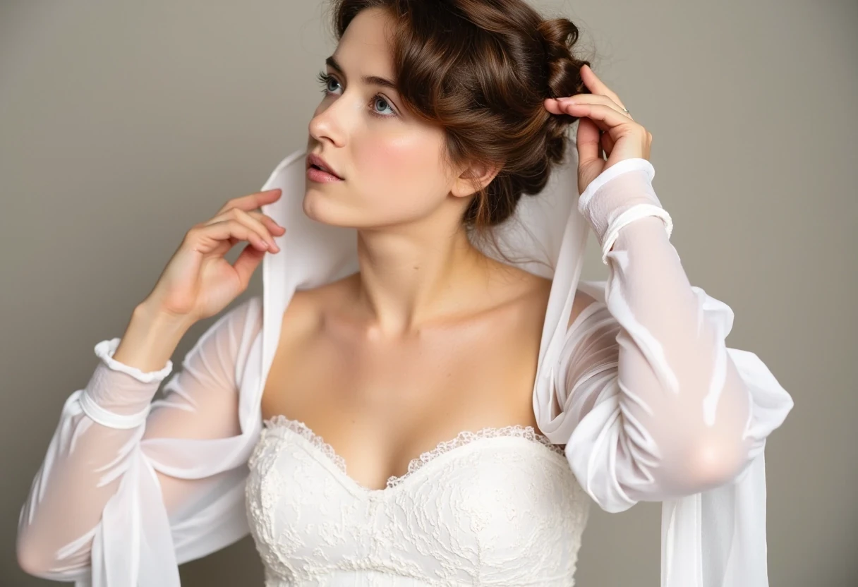 woman CSTMDL, brunette, blue eyes, cold smile, 1900 white clothes, tied hair, big breast