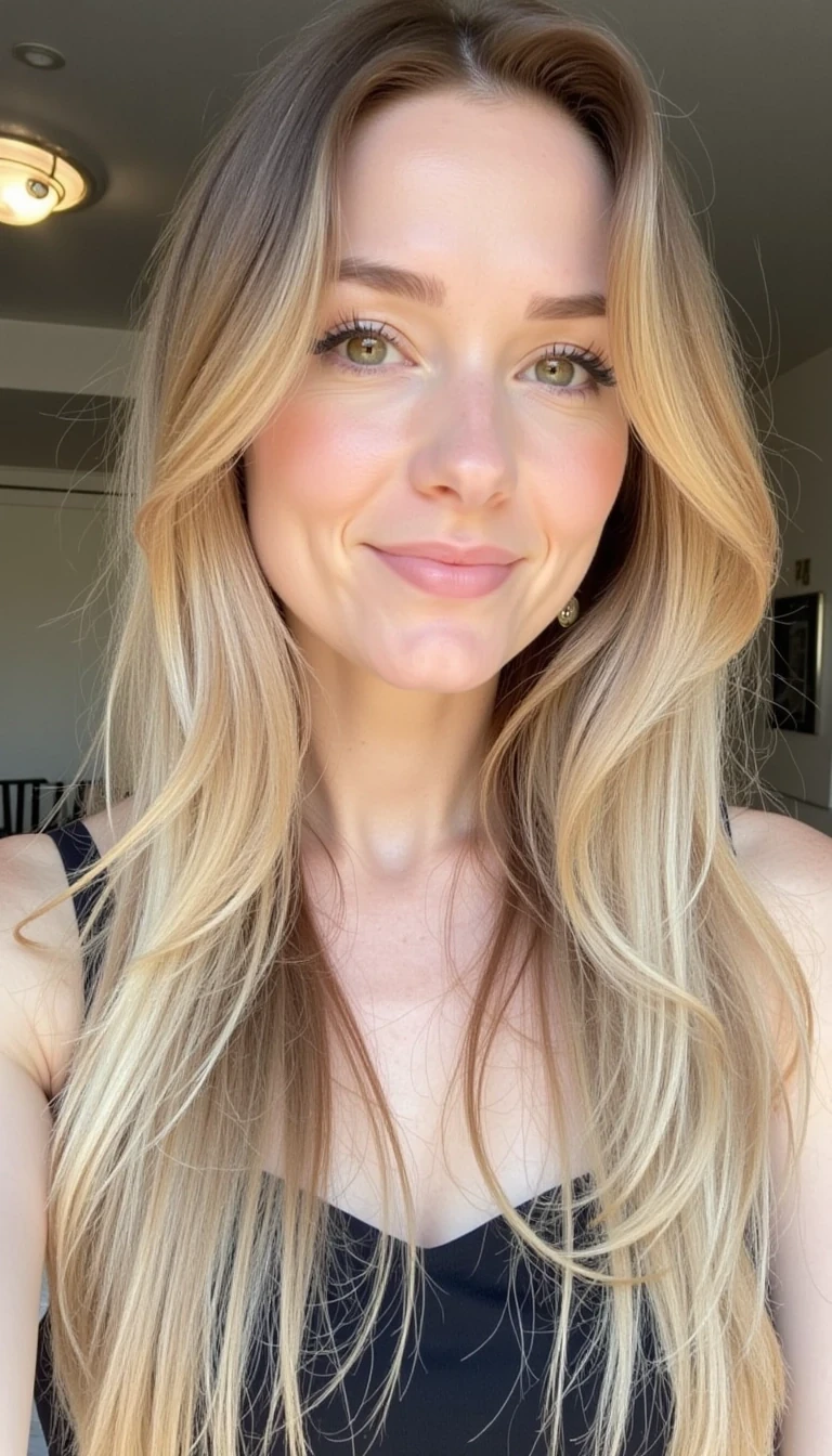 Her makeup is done to perfection. She has a beautiful face, a great smile, and long blonde mostly straight highlighted hair. CSTMDL