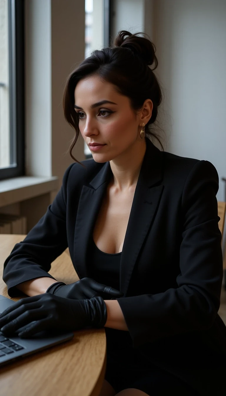 Model age: 30
Ethnicity: French
Style: Powerful, Elegant, Editorial, Dark Glamour, CSTMDL woman
Using a laptop, one glove on, focused expression, urban co-working space, clean background