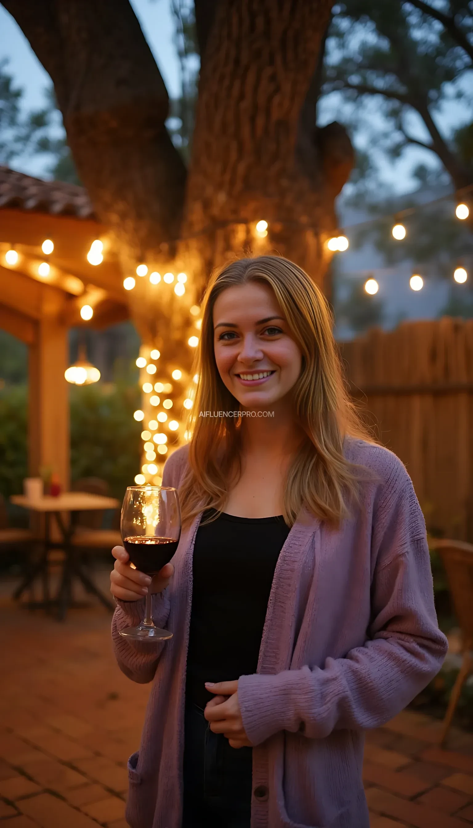 A full body shot photo of a woman standing outdoors at a cozy, warmly lit patio in the evening, with soft, glowing lights wrapped around a tree behind them creating a charming atmosphere. The image is rich in detail, with warm tones and clear textures throughout. The woman has fair skin, a slim build, and long reddish-blonde hair, also worn loose. She is smiling warmly at the camera, holding a glass of red wine in her right hand, and wears a soft-textured lavender cardigan over a black top. The background features a large tree with sparkling string lights wrapped around its trunk and branches, adding a magical touch to the scene. The setting suggests a private outdoor seating area, with elements like terracotta-tiled roofing, greenery, and rattan chairs contributing to a serene, inviting vibe. The overall composition is balanced, with the woman framed against the softly glowing tree, and the lighting enhances the warm, intimate feel of a quiet evening shared among friends. The details are vivid, with textures of clothing, skin, and background elements clearly visible, while the warm lighting creates a relaxed and joyful mood