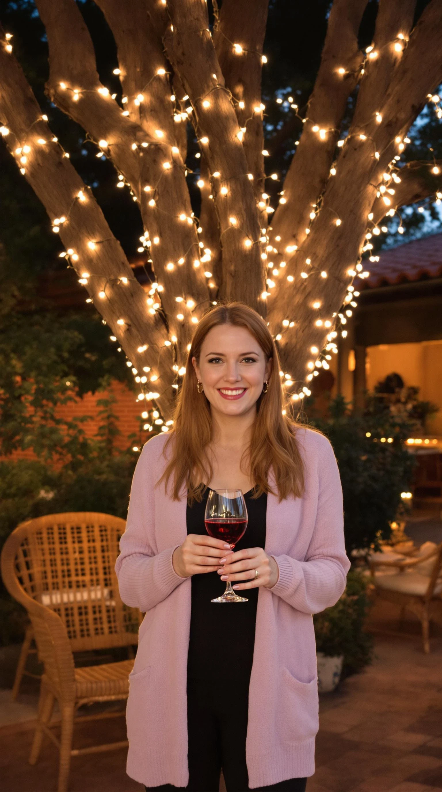 A full body shot photo of a woman standing outdoors at a cozy, warmly lit patio in the evening, with soft, glowing lights wrapped around a tree behind them creating a charming atmosphere. The image is rich in detail, with warm tones and clear textures throughout. The woman has fair skin, a slim build, and long reddish-blonde hair, also worn loose. She is smiling warmly at the camera, holding a glass of red wine in her right hand, and wears a soft-textured lavender cardigan over a black top. The background features a large tree with sparkling string lights wrapped around its trunk and branches, adding a magical touch to the scene. The setting suggests a private outdoor seating area, with elements like terracotta-tiled roofing, greenery, and rattan chairs contributing to a serene, inviting vibe. The overall composition is balanced, with the woman framed against the softly glowing tree, and the lighting enhances the warm, intimate feel of a quiet evening shared among friends. The details are vivid, with textures of clothing, skin, and background elements clearly visible, while the warm lighting creates a relaxed and joyful mood