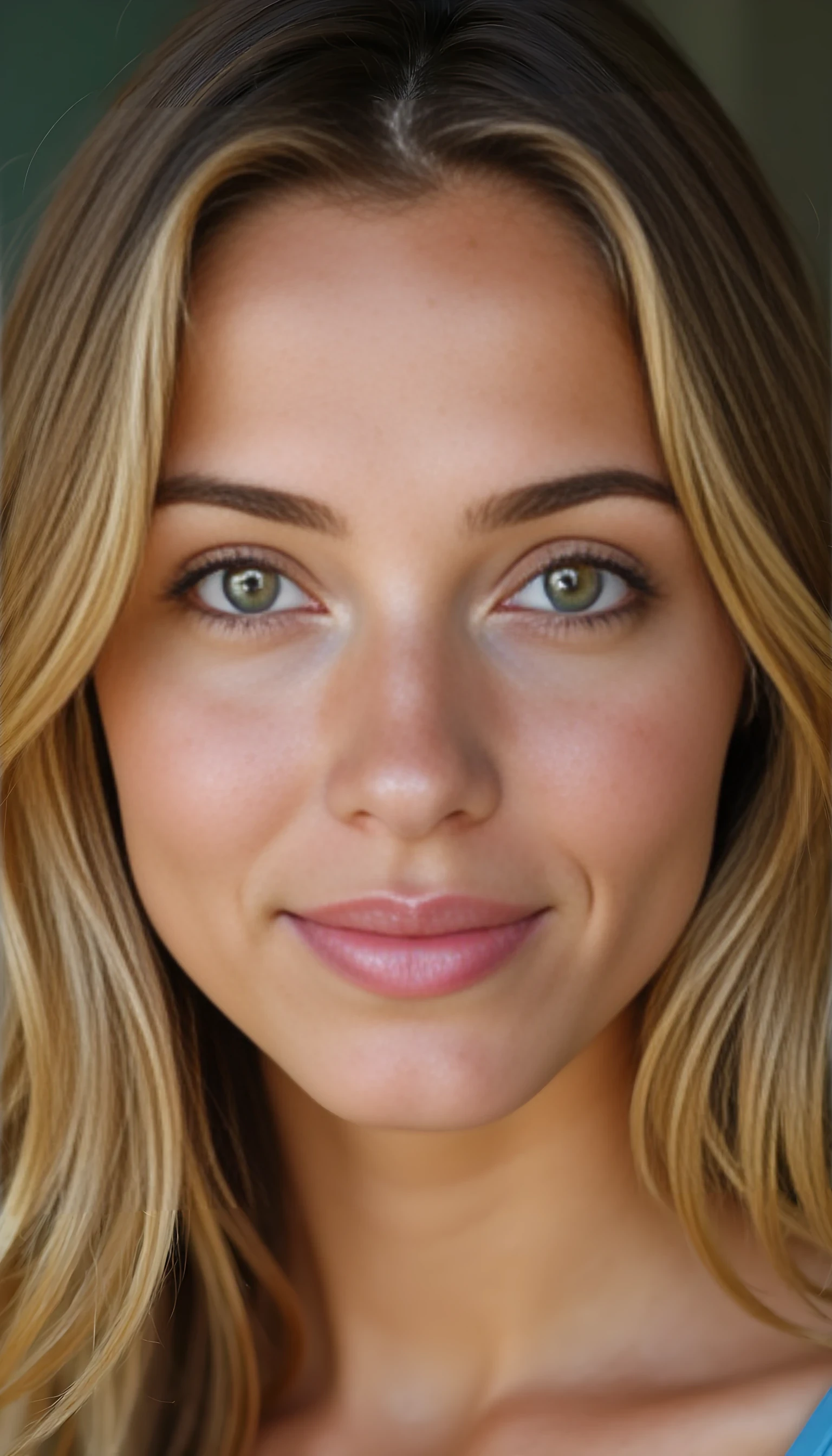 A portrait photo of a beautiful 21 years old model, mixed ethnicity of half white American half Brazilian, with golden blonde hair, hazel green eyes, ultra detailed eyes with sharp iris reflections, slight smile, studio-quality, extremely realistic HD