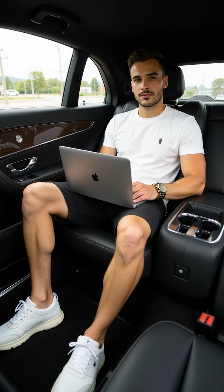 Photorealistic full-body photo of a young handsome man, he wears white t-shirt, black shorts, white sneakers, He sits comfortably in the back seats of a Mercedes Maybach, with a MacBook on his lap.

Lifestyle influencer aesthetic, cinematic realism, ultra-detailed, 8K
The photo feels cinematic, influencer-style, high quality, professional composition.
Well lit picture, Style: Photorealistic Lighting: studio lighting 
Details: Bright Lighting, High Detail, 4K
he stand infront of camera , photoghraped by a photograph
