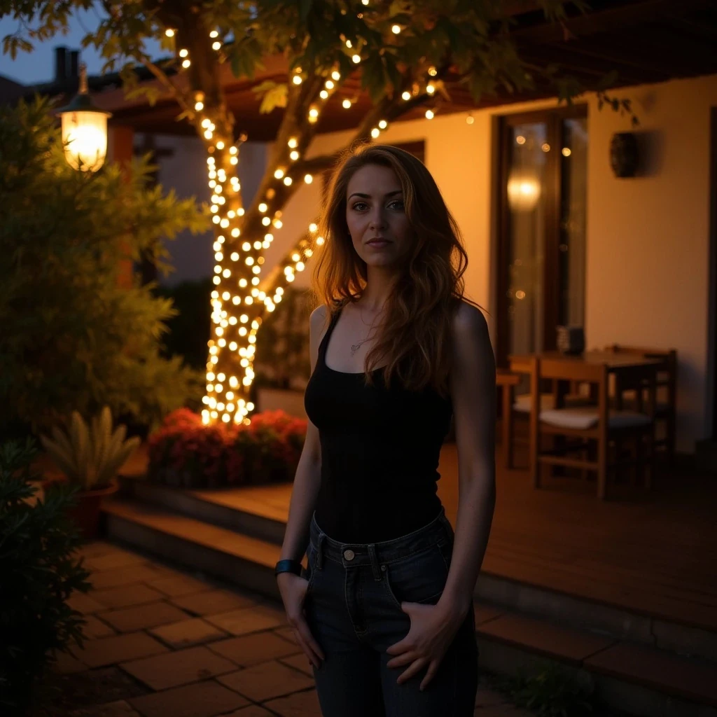 A full body shot photo of a woman standing outside the house cozy, warmly lit patio in the evening, with soft, glowing lights wrapped around a tree behind them creating a charming atmosphere. The image is rich in detail, with warm tones and clear textures throughout. The woman has fair skin, a slim build, and long reddish-blonde hair,