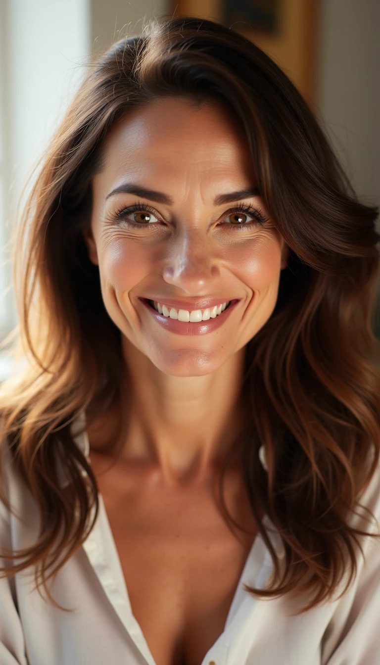 score_9, photorealistic portrait of a smiling mature woman, mid-forties, chestnut brown hair in loose waves, hazel eyes, light makeup, elegant blouse, warm daylight from window, lifestyle vibe