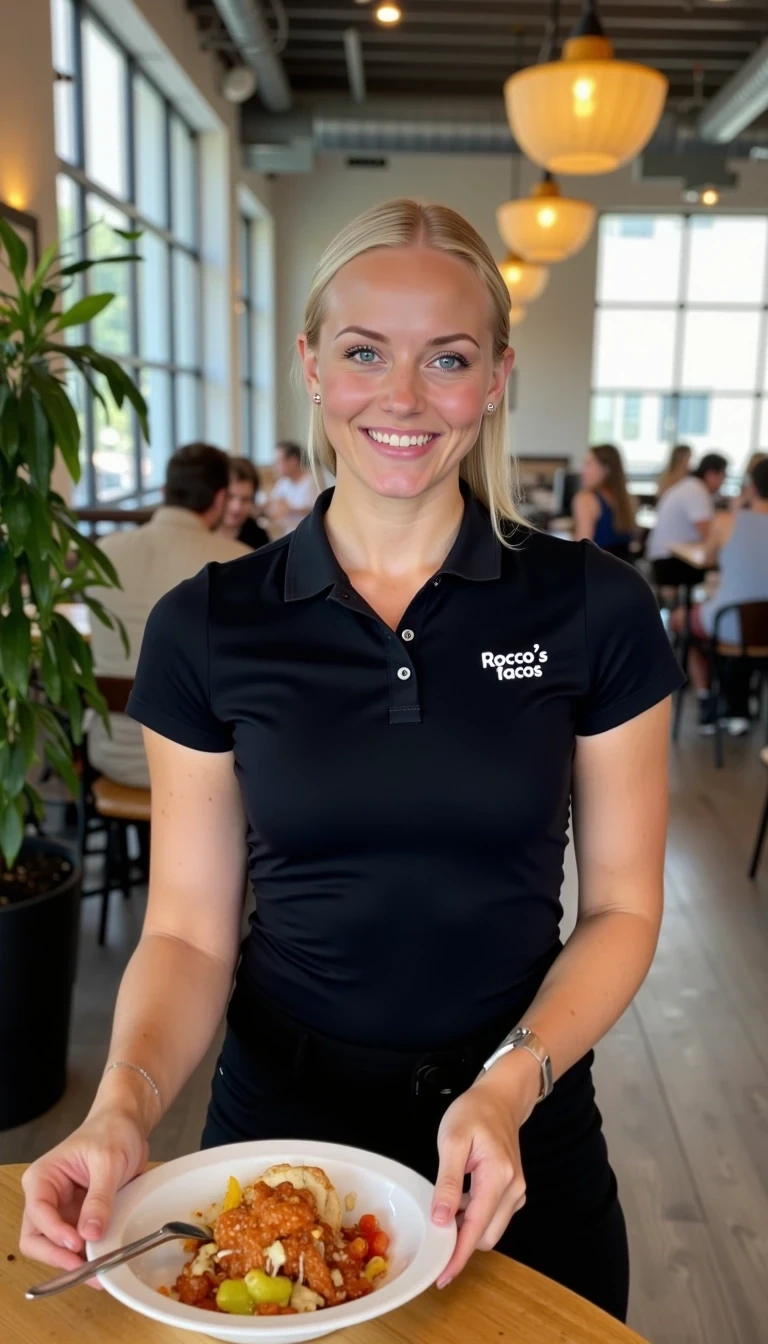 CSTMDL, Hailey, photorealistic portrait of a young woman in her early 20s with fair porcelain skin, smooth complexion, subtle natural makeup with soft pink lips and light eyeliner, straight blonde hair tied back in a neat ponytail, bright blue eyes sparkling with warmth, friendly genuine smile revealing straight white teeth, confident and approachable demeanor, gazing directly at the viewer with engaging eye contact; she is wearing a fitted black short-sleeved polo shirt with a small embroidered logo on the chest reading "Rocco's Tacos" in white lettering, tucked into slim black pants, no visible accessories; She is working as a waitress. she is holding a note pad and writing on it. she is in front of a table taking the order. There is a couple at the table; set in a modern upscale cafe interior with high ceilings, large floor-to-ceiling windows allowing soft diffused natural daylight to flood in from the right side, creating gentle highlights and soft shadows on her face and clothing, warm ambient hanging pendant lights with golden glow in the background; background details include a tall green potted plant with broad leaves to the left, patrons seated at wooden tables including a man in a beige shirt facing away, another in gray chatting, and a woman in a black tank top with long brown hair; dominant colors are neutral blacks and grays with pops of green foliage, warm wood tones, and red accents from the food; overall welcoming and lively casual dining atmosphere, evoking freshness and hospitality; composition is a medium close-up shot from a slight low angle to emphasize approachability, framed centrally with balanced symmetry, captured with a Canon EOS 5D Mark IV camera using a 50mm prime lens at f/2.8 aperture for shallow depth of field, ISO 100 for crisp details, natural window lighting supplemented by soft indoor LEDs at 4000K color temperature, hyper-realistic textures like the soft cotton weave of the polo shirt, and smooth skin pores; ultra-detailed, hyperrealism, photorealistic rendering indistinguishable from a high-resolution photograph, 8k resolution, sharp focus on the woman and plate with bokeh background.