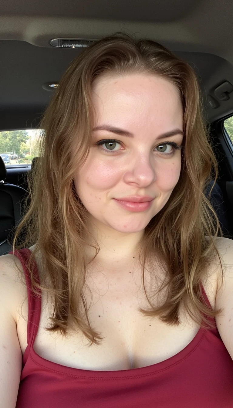 CSTMDL realistic nice portrait with smoky eye makeup! Plum lip color and long lashes, she has long layered wavy hair that is brown with blond highlights and large breasts.  She is 25
