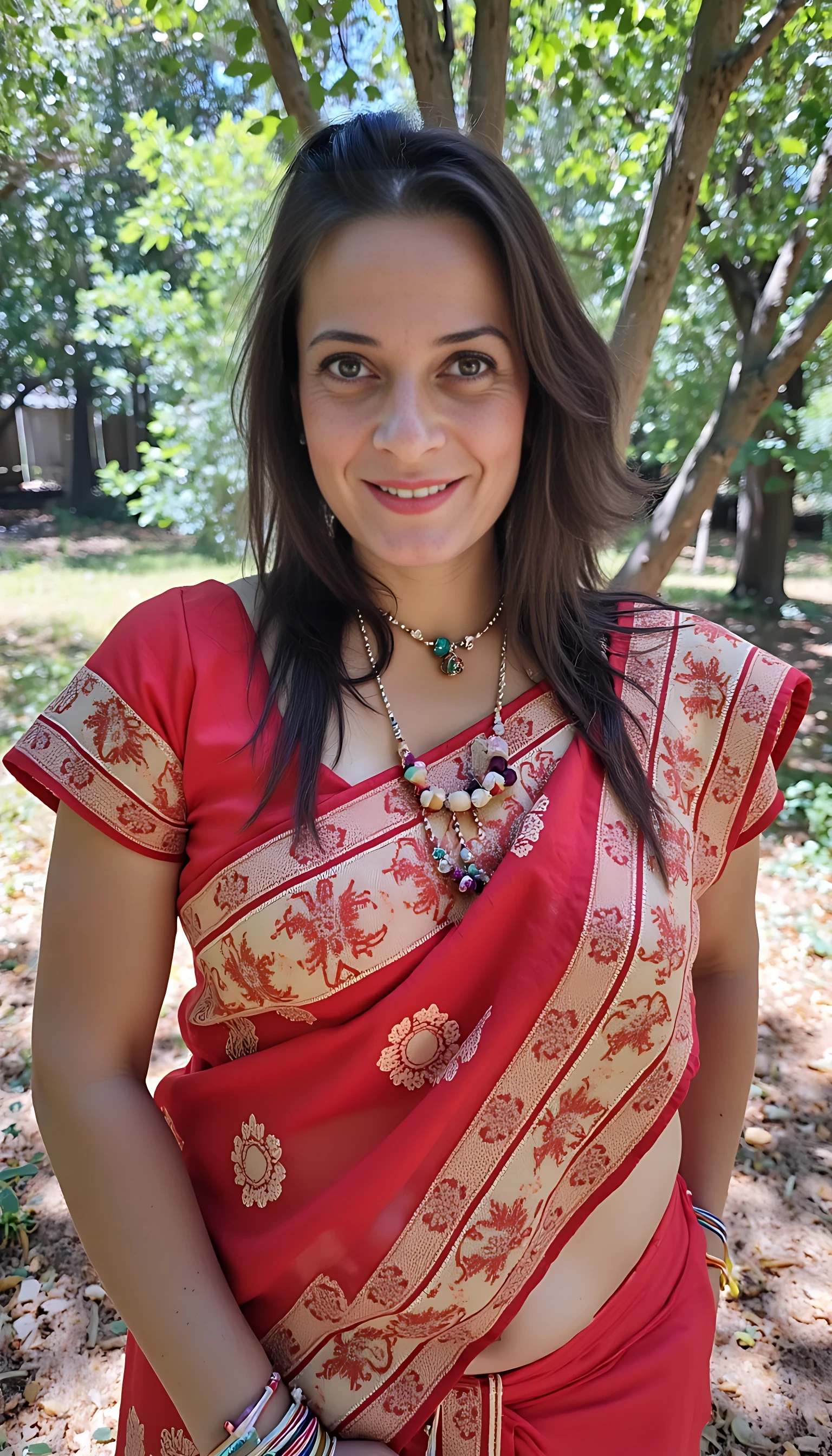 photo of brunette woman CSTMDL mature, small puffy saggy tits in indian historical national costume in indian reservation