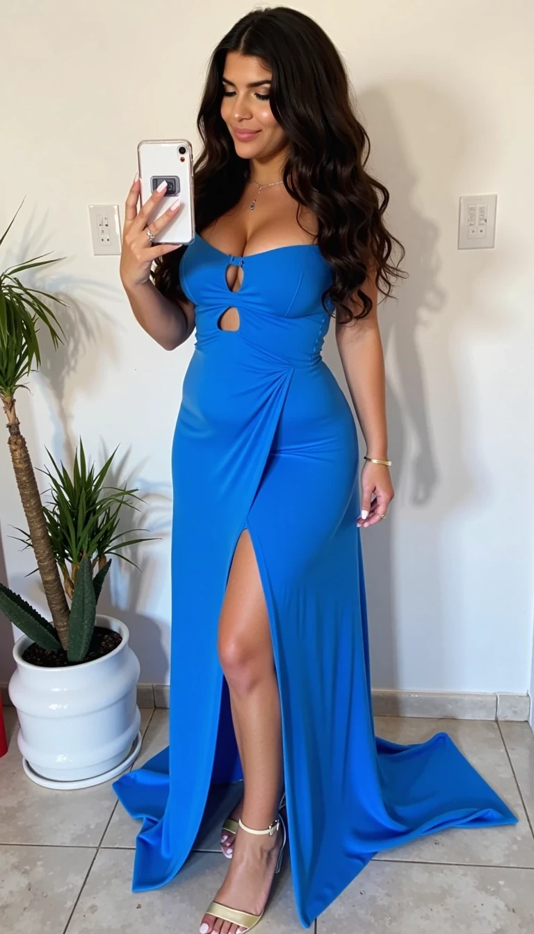 Photo of woman CSTMDL,m, she should have a body like ava addams,she should have long waist length straight hair, she should have curly wavy hair, she should have massive bimbo boobs:5.0, she should have huge boobs, she should have really wide hips,she should be wearing a low cut bright blue strapless flowey sundress