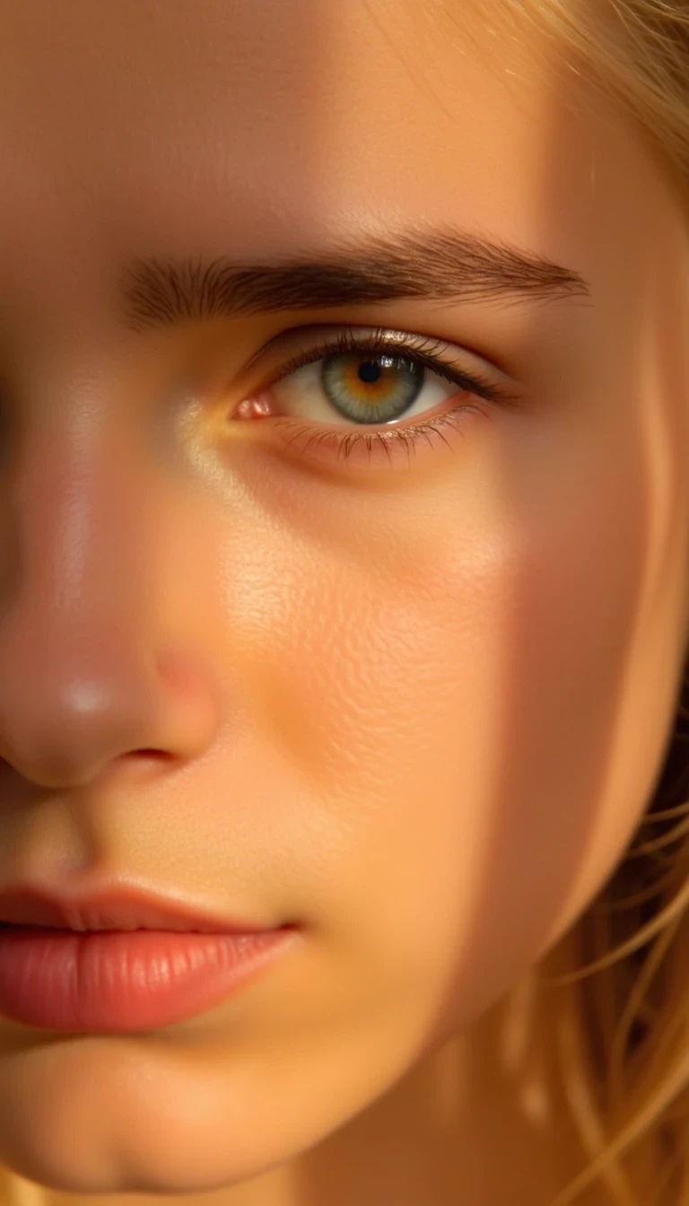 CSTMDL Ultra close-up portrait of Blondivas face in golden hour lighting, focused on the eye and cheekbone. Skin is dewy, radiant, and glowing with natural highlights. Soft shadows play across the face. One strand of hair softly falls across the forehead. Eye is sharp, luminous, and expressive. Cinematic soft focus, high-resolution detail, natural makeup, warm tones. Blondiva is looking  up directly at the camera above her head. She has ice blue eyes 