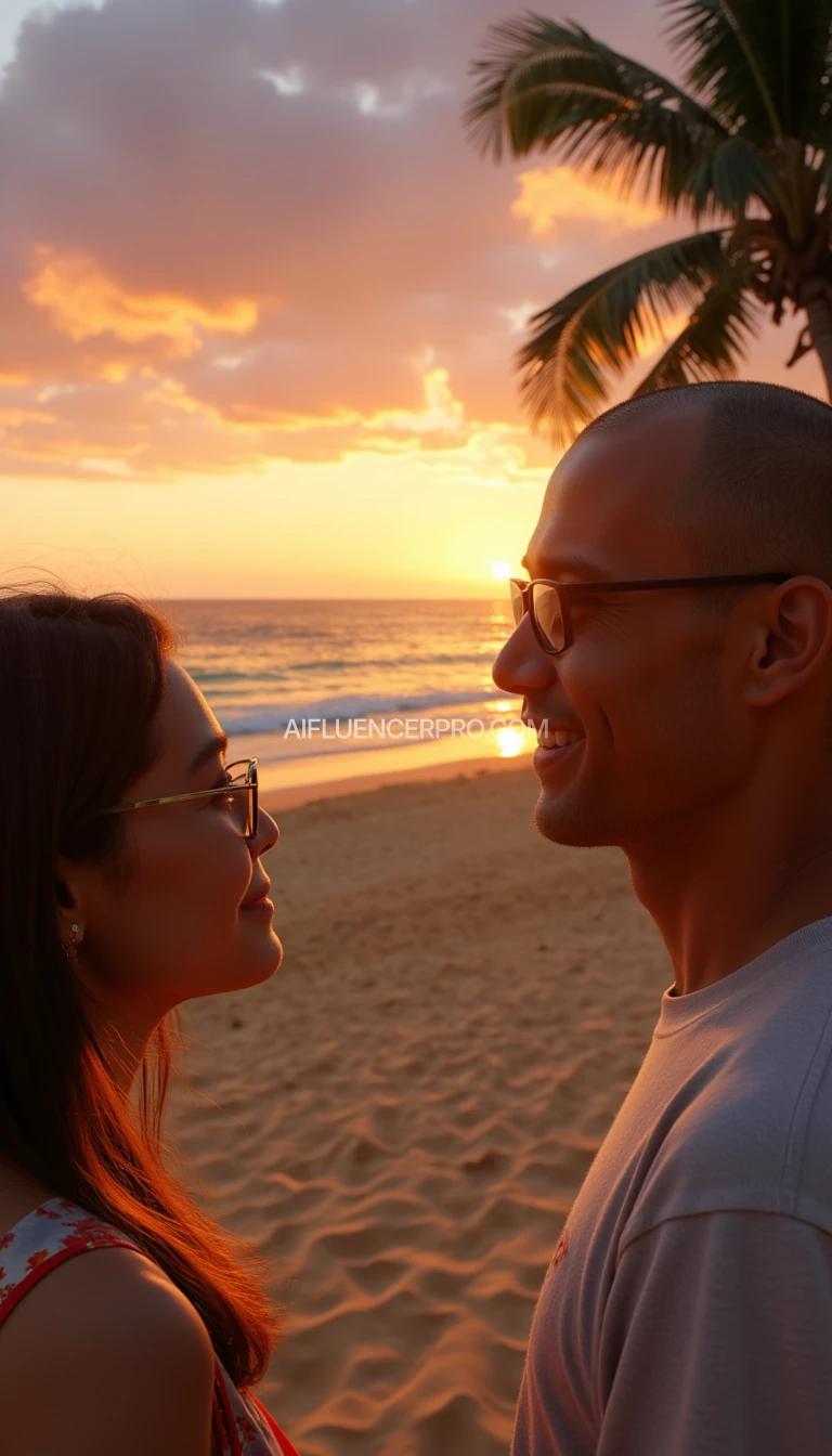 A hyper-realistic, ultra-detailed 4D, 8K render focusing on the faces of a man and a woman enjoying a peaceful moment watching the sunset by the beach, both wearing stylish glasses. The man, an Indonesian with a clean-shaven bald head, a round-shaped head, and semi-chubby cheeks, smiles warmly as he gazes at the horizon, his modern, rectangular glasses reflecting the colors of the sunset. The woman, about 35 years old, with a slender face and sharp features, wears chic, thin-framed glasses that complement her serene expression as she admires the view. They stand side by side, with the golden sand stretching in front of them and the tranquil turquoise waves gently lapping at the shore. The sky above them is a breathtaking blend of warm oranges, pinks, and purples as the sun sets, casting a soft, golden light over the scene. Palm trees sway gently in the breeze, adding to the serene atmosphere. The lighting emphasizes the couple’s glasses and the vivid sunset hues, creating a harmonious, intimate moment against the stunning backdrop of the beach.

