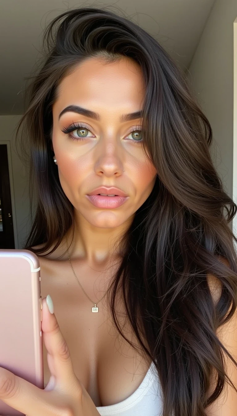 CSTMDL, on flickr in 2007 blog, Close-up selfie photo of a young Mediterranean woman with golden-olive skin, extra-long brunette hair in voluminous waves, almond-shaped blue eyes, high cheekbones, full nude lips, sculpted nose. She is wearing soft glam makeup with bronzed tones, subtle highlighter on cheekbones, holding the phone at a slight angle, blurred neutral background, candid feel.
