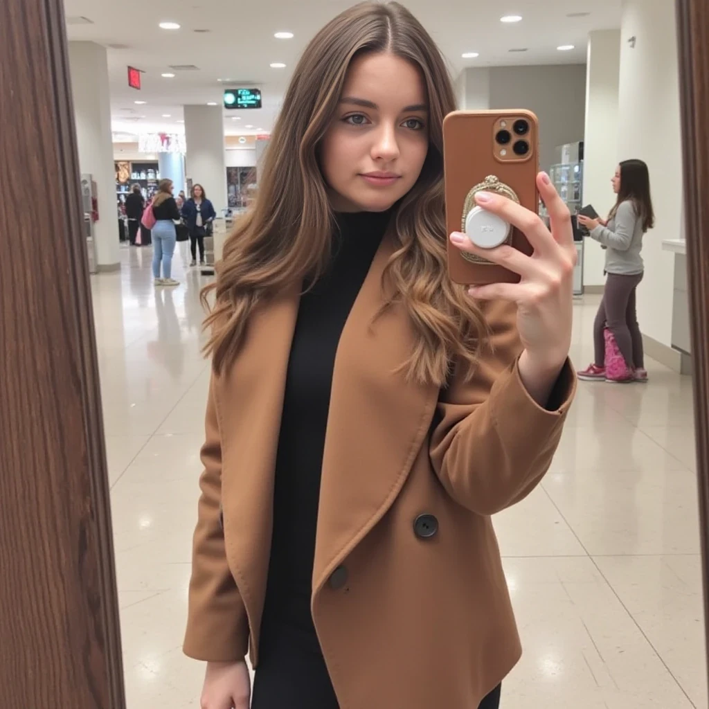 boring low quality snapchat photo circa 2015, average looking woman, full outfit, standing, soft light brown hair, mall background