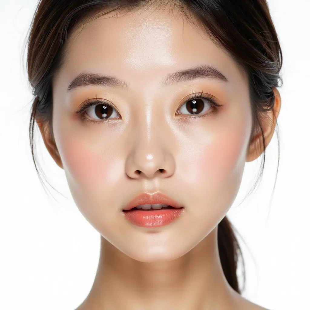 A hyper-realistic, close-up portrait of a young East Asian woman with flawless, smooth skin and delicate facial features. She has soft, natural makeup with peachy-pink blush and glossy nude lips. Her eyes are large, brown, and slightly almond-shaped, with long, defined eyelashes and a subtle brown eyeshadow. Her eyebrows are naturally arched and well-groomed. Fine baby hairs frame her face, and her dark hair is softly pulled back with a few loose strands. The lighting is bright and diffused, creating a soft glow on her skin and a minimalistic white background. The mood is calm, clean, and elegant, with a focus on natural beauty.