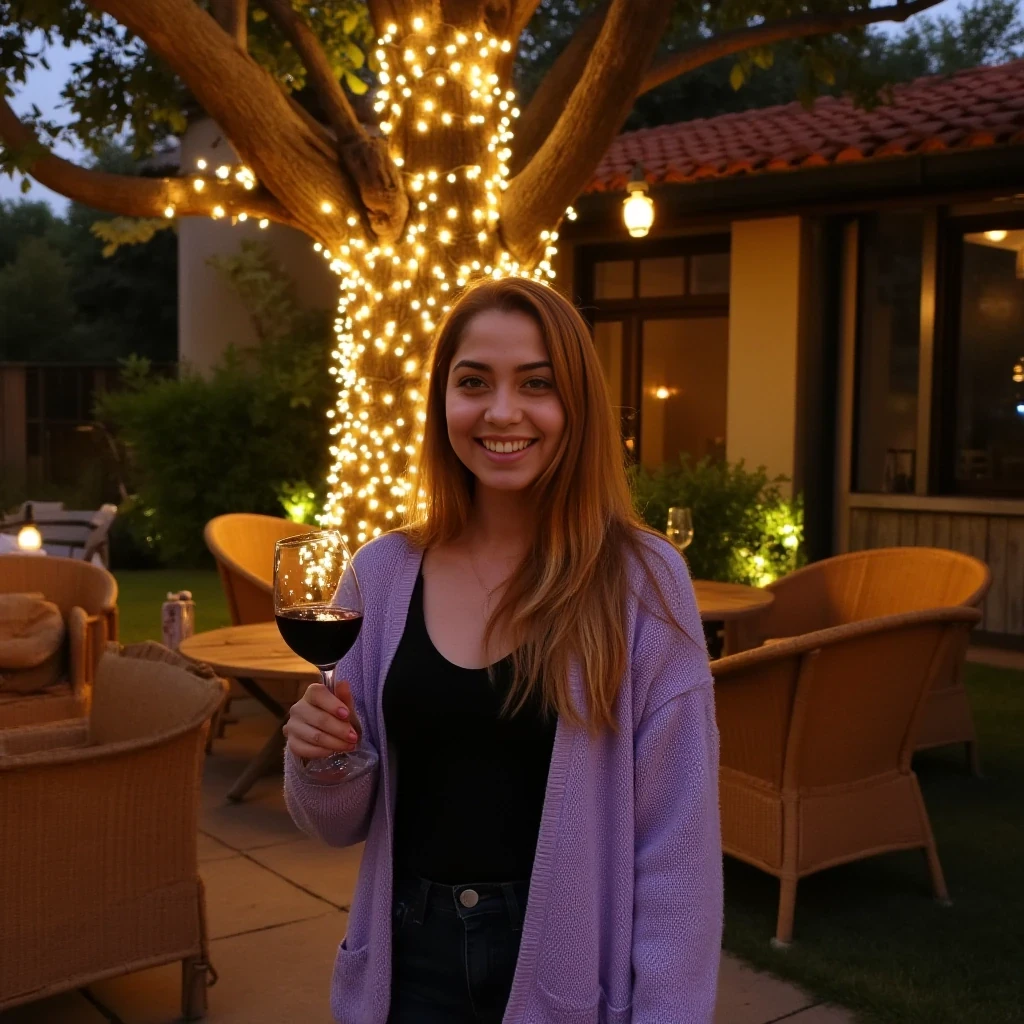 A full body shot photo of a woman standing outdoors at a cozy, warmly lit patio in the evening, with soft, glowing lights wrapped around a tree behind them creating a charming atmosphere. The image is rich in detail, with warm tones and clear textures throughout. The woman has fair skin, a slim build, and long reddish-blonde hair, also worn loose. She is smiling warmly at the camera, holding a glass of red wine in her right hand, and wears a soft-textured lavender cardigan over a black top. The background features a large tree with sparkling string lights wrapped around its trunk and branches, adding a magical touch to the scene. The setting suggests a private outdoor seating area, with elements like terracotta-tiled roofing, greenery, and rattan chairs contributing to a serene, inviting vibe. The overall composition is balanced, with the woman framed against the softly glowing tree, and the lighting enhances the warm, intimate feel of a quiet evening shared among friends. The details are vivid, with textures of clothing, skin, and background elements clearly visible, while the warm lighting creates a relaxed and joyful mood