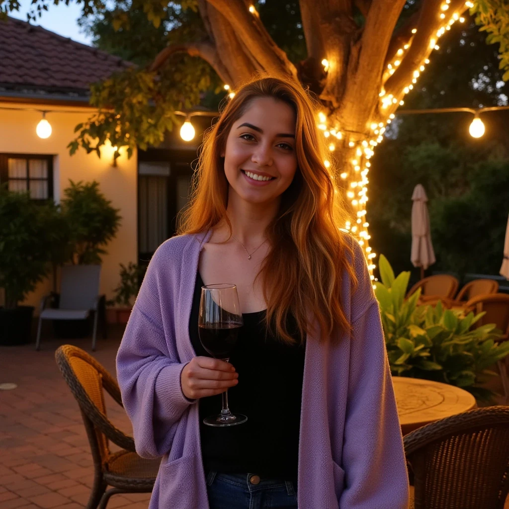 A full body shot photo of a woman standing outdoors at a cozy, warmly lit patio in the evening, with soft, glowing lights wrapped around a tree behind them creating a charming atmosphere. The image is rich in detail, with warm tones and clear textures throughout. The woman has fair skin, a slim build, and long reddish-blonde hair, also worn loose. She is smiling warmly at the camera, holding a glass of red wine in her right hand, and wears a soft-textured lavender cardigan over a black top. The background features a large tree with sparkling string lights wrapped around its trunk and branches, adding a magical touch to the scene. The setting suggests a private outdoor seating area, with elements like terracotta-tiled roofing, greenery, and rattan chairs contributing to a serene, inviting vibe. The overall composition is balanced, with the woman framed against the softly glowing tree, and the lighting enhances the warm, intimate feel of a quiet evening shared among friends. The details are vivid, with textures of clothing, skin, and background elements clearly visible, while the warm lighting creates a relaxed and joyful mood