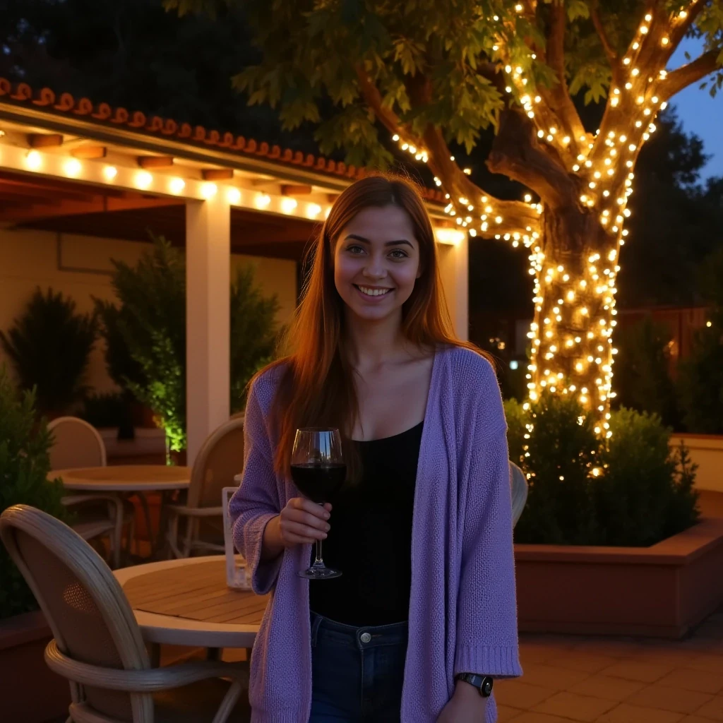 A full body shot photo of a woman standing outdoors at a cozy, warmly lit patio in the evening, with soft, glowing lights wrapped around a tree behind them creating a charming atmosphere. The image is rich in detail, with warm tones and clear textures throughout. The woman has fair skin, a slim build, and long reddish-blonde hair, also worn loose. She is smiling warmly at the camera, holding a glass of red wine in her right hand, and wears a soft-textured lavender cardigan over a black top. The background features a large tree with sparkling string lights wrapped around its trunk and branches, adding a magical touch to the scene. The setting suggests a private outdoor seating area, with elements like terracotta-tiled roofing, greenery, and rattan chairs contributing to a serene, inviting vibe. The overall composition is balanced, with the woman framed against the softly glowing tree, and the lighting enhances the warm, intimate feel of a quiet evening shared among friends. The details are vivid, with textures of clothing, skin, and background elements clearly visible, while the warm lighting creates a relaxed and joyful mood