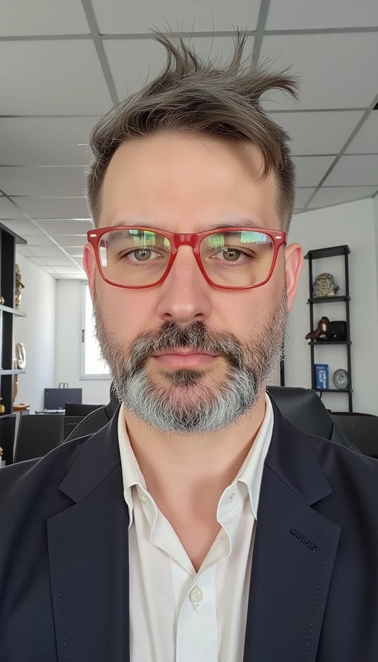 The face are not similar to the model i train... make him more realistic and similar. Businessman, He is wearing a suit and modern red Ray-Ban reading glasses. Slim but muscular build. He is facing the camera directly, as if posing for a LinkedIn profile picture. He looks like a CEO of a huge corporation with tshirt open.