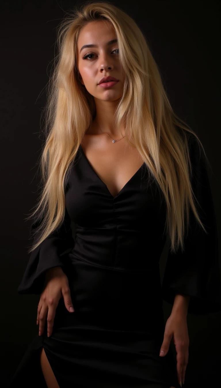 CSTMDL Valentina showing her face and long voluminous blonde hair. Make her face look extremely real. She is posing showing off her black long tight dress for an instagram photo.  Very high quality low light dimmed photo 4k iPhone quality 