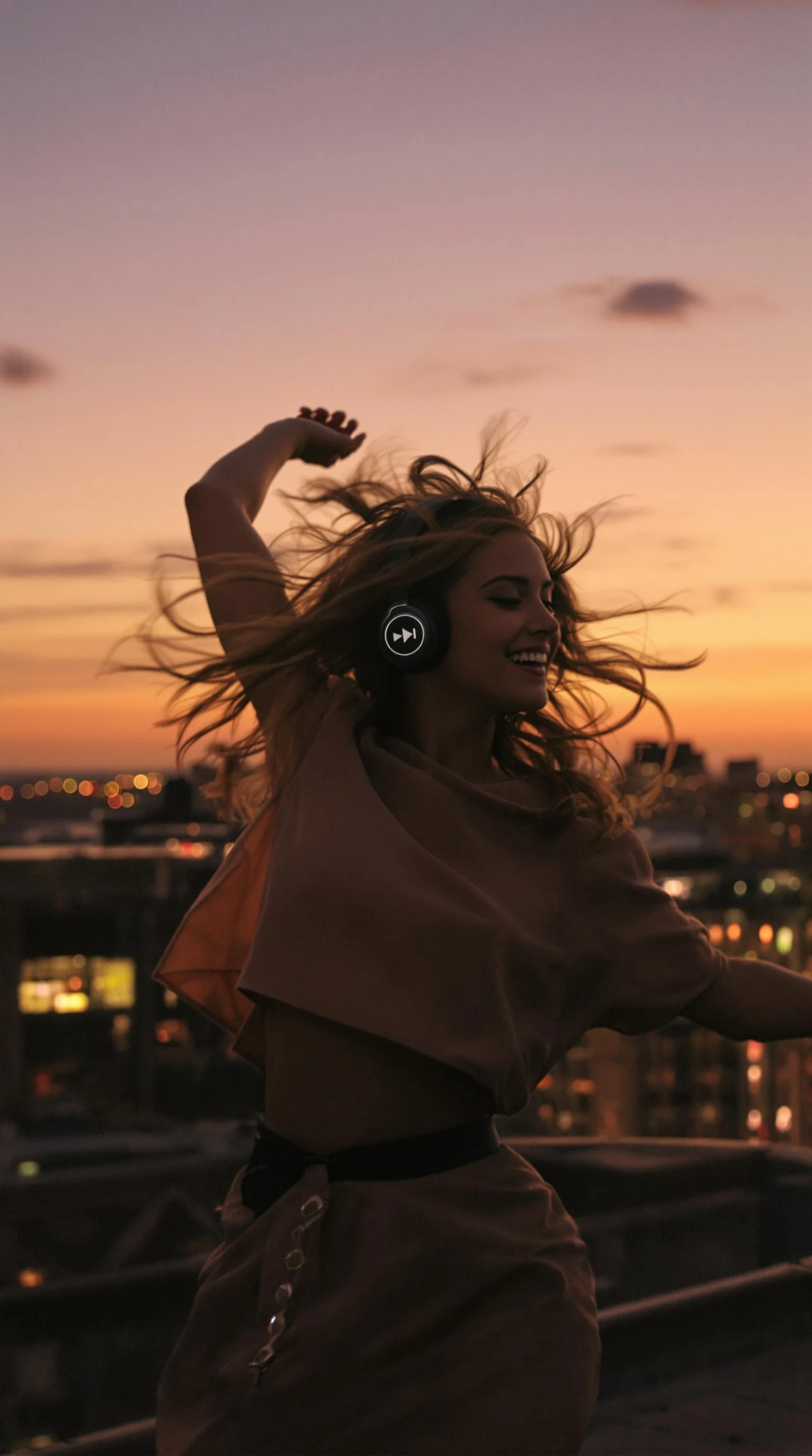 A realistic, of a joyful young woman on a rooftop over the city at evening, dancing with wireless headphones at a rooftop party. clothes are slightly fancy. Warm golden light, soft sky gradients, and faint city lights in the background. Her hair is flowing in the breeze. The scene feels alive and uplifting. Subject is positioned on the right side of the image to leave space for a centered logo.