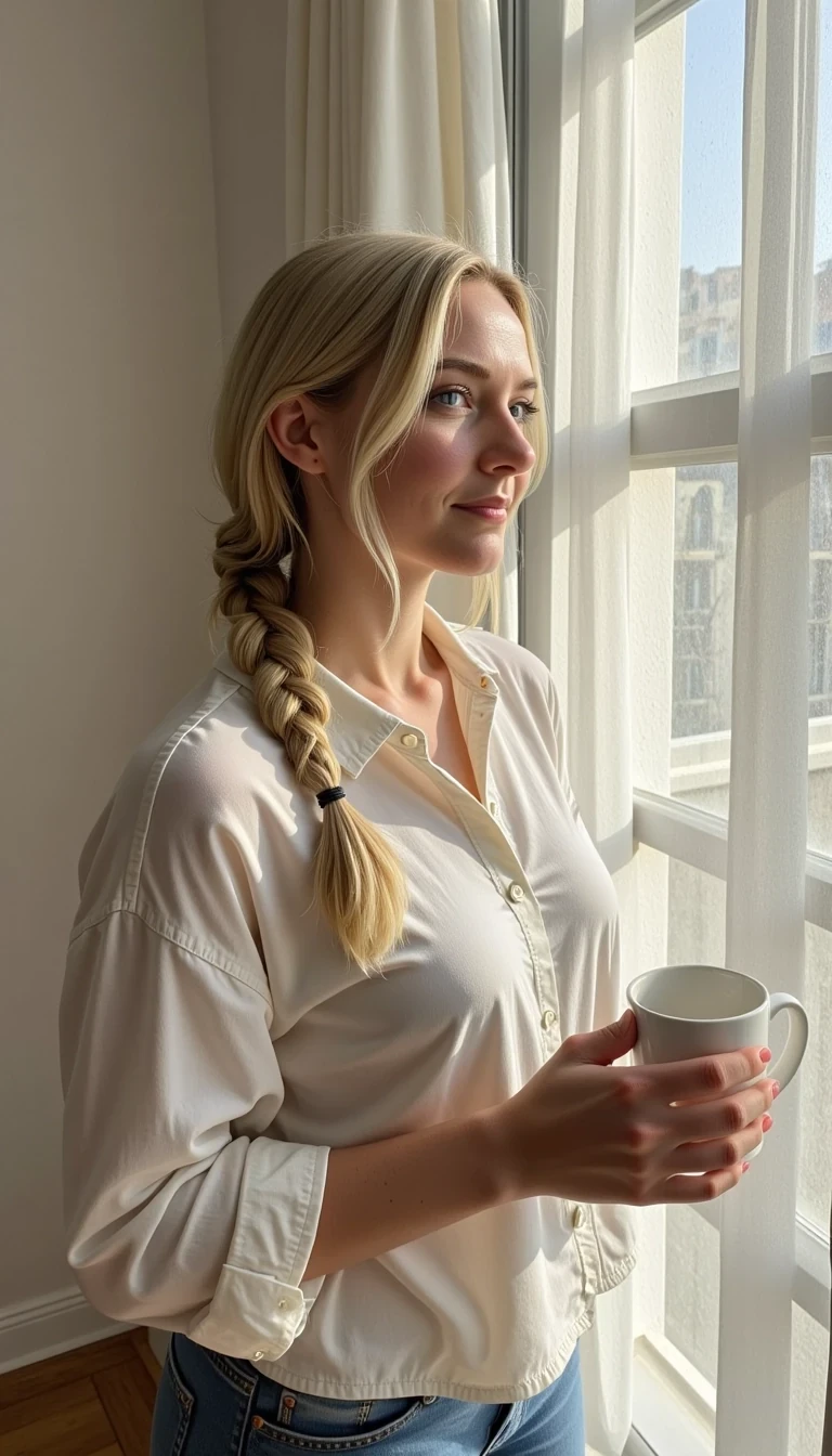 CSTMDL, a blonde with soft morning hair with a braid and glowing skin, standing by a bright window with sunlight streaming in. She’s in an oversized button-up shirt, holding a coffee mug, gazing out the window with a dreamy look, as if starting her day with quiet confidence