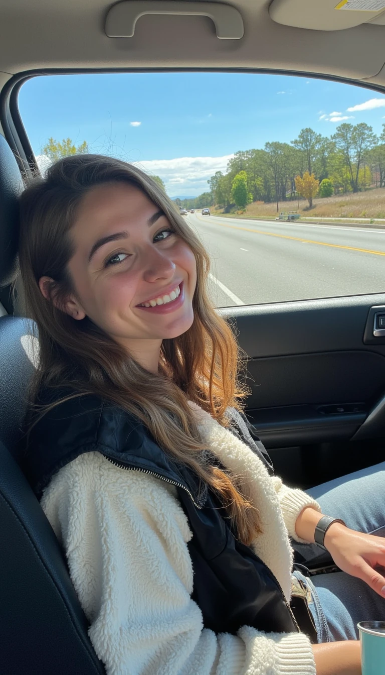 boring low quality snapchat photo circa 2015, A young woman with a warm smile, sitting in the driver's seat of a cozy car. She has soft, wavy brown hair cascading past her shoulders. The sunlight streams through the window, casting a gentle glow on her face. The interior of the car is neat and comfortable, with a coffee cup in the cup holder and a small plant on the dashboard. The background outside the window shows a scenic road lined with trees and blue skies