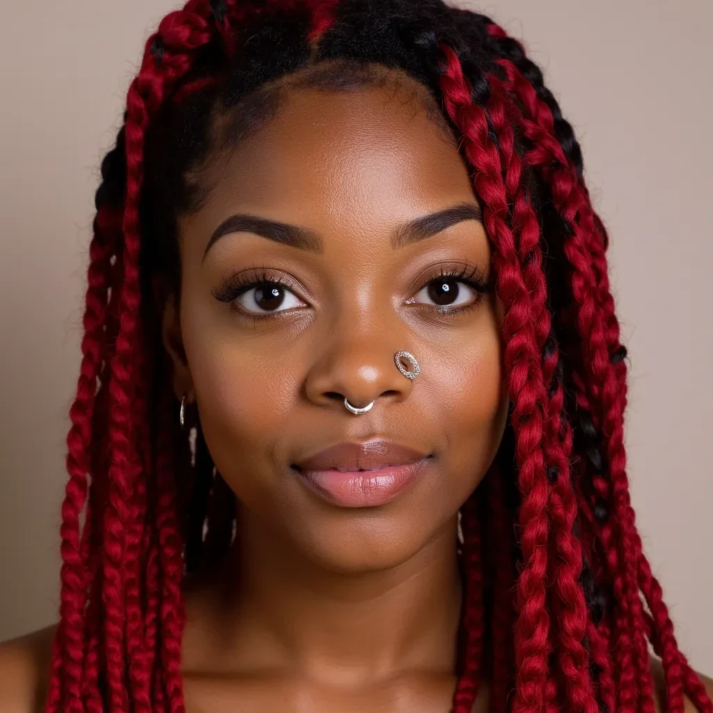 Portrait of a pretty black woman in her late 20's with red braids with black streaks. She also has hazel eye color. Also has a cute nose ring.