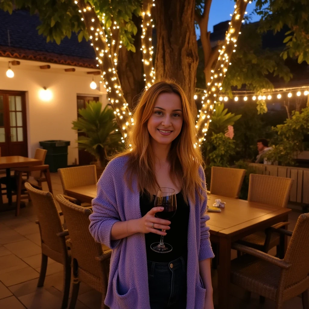 A full body shot photo of a woman standing outdoors at a cozy, warmly lit patio in the evening, with soft, glowing lights wrapped around a tree behind them creating a charming atmosphere. The image is rich in detail, with warm tones and clear textures throughout. The woman has fair skin, a slim build, and long reddish-blonde hair, also worn loose. She is smiling warmly at the camera, holding a glass of red wine in her right hand, and wears a soft-textured lavender cardigan over a black top. The background features a large tree with sparkling string lights wrapped around its trunk and branches, adding a magical touch to the scene. The setting suggests a private outdoor seating area, with elements like terracotta-tiled roofing, greenery, and rattan chairs contributing to a serene, inviting vibe. The overall composition is balanced, with the woman framed against the softly glowing tree, and the lighting enhances the warm, intimate feel of a quiet evening shared among friends. The details are vivid, with textures of clothing, skin, and background elements clearly visible, while the warm lighting creates a relaxed and joyful mood