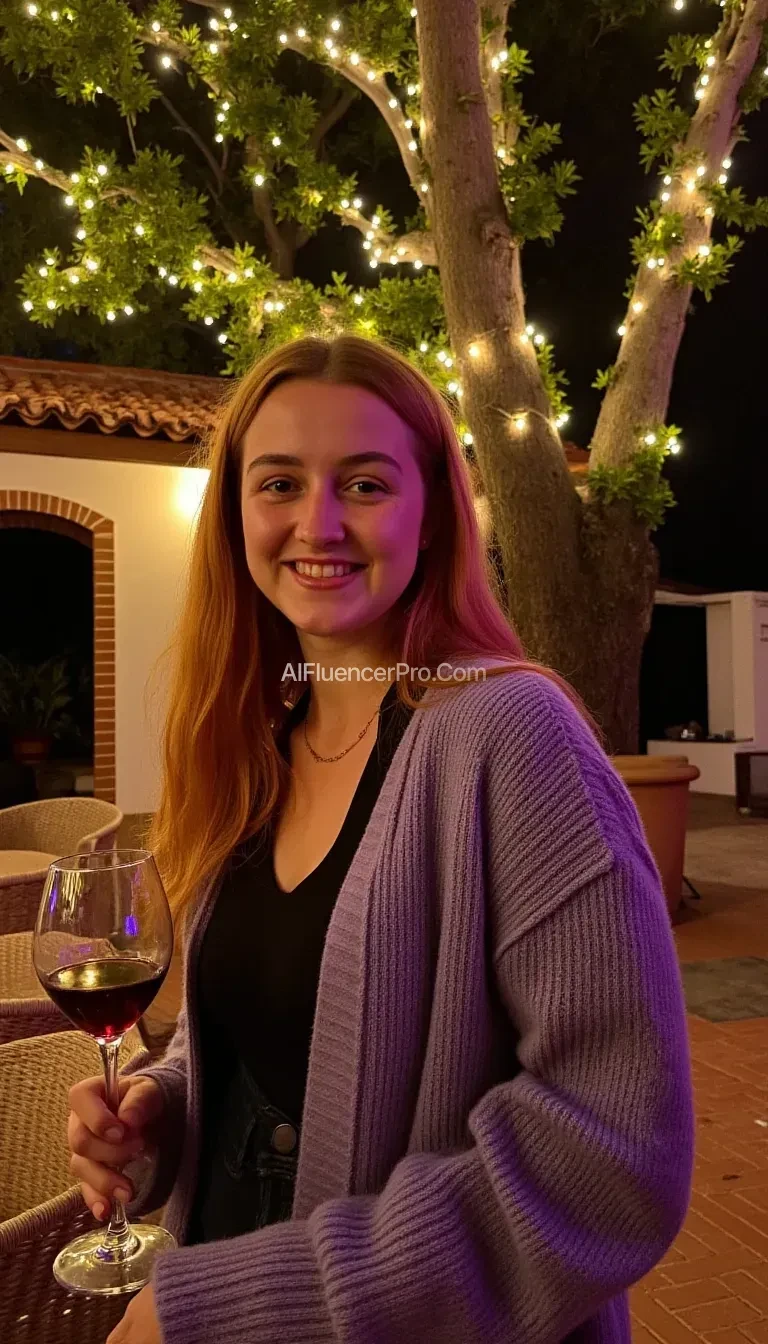 Scandinavian blonde woman, 18 years old with freckles and blemishes. standing outdoors at a cozy, warmly lit patio in the evening, with soft, glowing lights wrapped around a tree behind them creating a charming atmosphere. The image is rich in detail, with warm tones and clear textures throughout. The woman has fair skin, a slim build, and long reddish-blonde hair, also worn loose. She is smiling warmly at the camera, holding a glass of red wine in her right hand, and wears a soft-textured lavender cardigan over a black top. The background features a large tree with sparkling string lights wrapped around its trunk and branches, adding a magical touch to the scene. The setting suggests a private outdoor seating area, with elements like terracotta-tiled roofing, greenery, and rattan chairs contributing to a serene, inviting vibe. The overall composition is balanced, with the woman framed against the softly glowing tree, and the lighting enhances the warm, intimate feel of a quiet evening shared among friends. The details are vivid, with textures of clothing, skin, and background elements clearly visible, while the warm lighting creates a relaxed and joyful mood