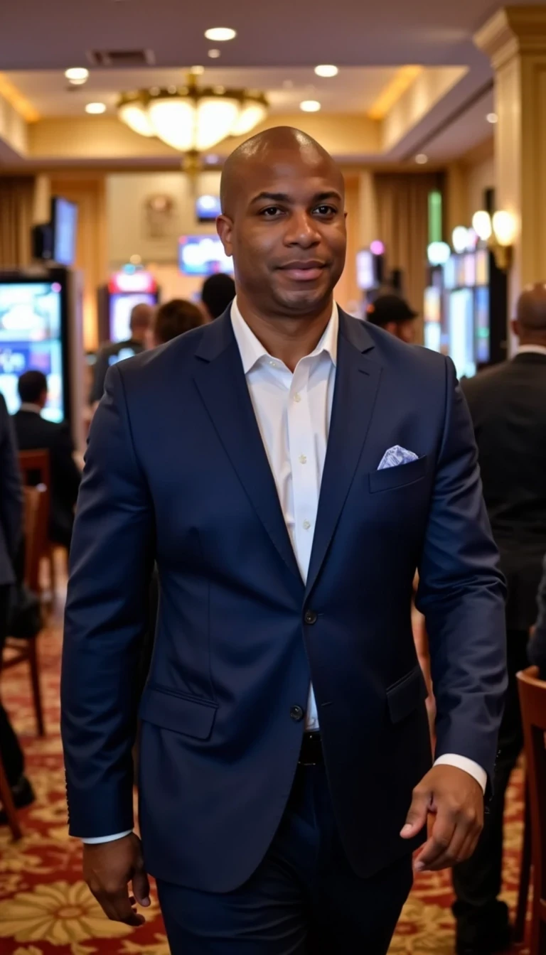 Reality view, blue suit and white collared shirt, walking through casino,  far view same face of Carter with bald head, real look, cstmdl