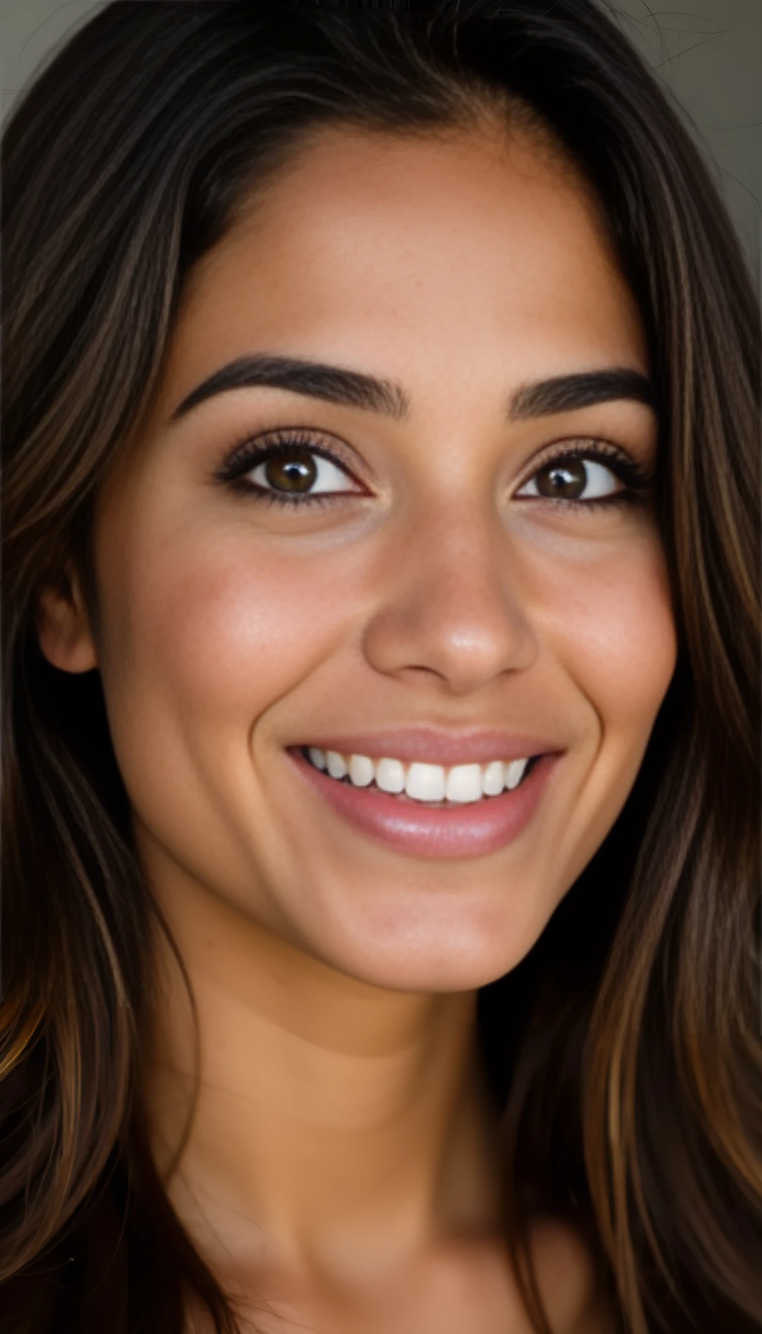 A portrait photo (entire face) of a beautiful 21 years old woman, mixed ethnicity of half white American half Brazilian, with brunette hair, ultra detailed eyes with sharp iris reflections, slight smile, high-quality