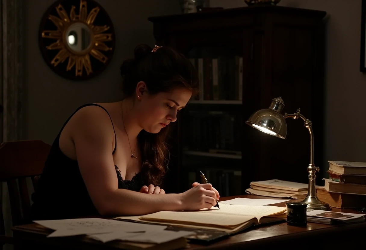 photo of woman CSTMDL, brunette, small pendant, hair tied, blue eyes, black night dress, working late night at her desk. The room is dark, the only light is a small art nouveau desk lamp.
She’s surrounded by a lot of old books and sheets of paper she worked on. She’s currently writing on a sheet with a beautiful vintage fountain pen.
She’s surrounded by her works in a beautiful art nouveau room with a Khmer piece of art in the background