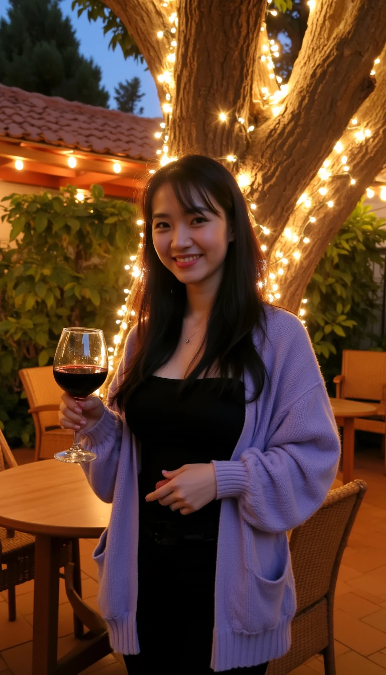 A full body shot photo of a woman standing outdoors at a cozy, warmly lit patio in the evening, with soft, glowing lights wrapped around a tree behind them creating a charming atmosphere. The image is rich in detail, with warm tones and clear textures throughout. The japanese woman has fair skin, a slim build, large breasts and long black hair, also worn loose. She is smiling warmly at the camera, holding a glass of red wine in her right hand, and wears a soft-textured lavender cardigan over a black top. The background features a large tree with sparkling string lights wrapped around its trunk and branches, adding a magical touch to the scene. The setting suggests a private outdoor seating area, with elements like terracotta-tiled roofing, greenery, and rattan chairs contributing to a serene, inviting vibe. The overall composition is balanced, with the woman framed against the softly glowing tree, and the lighting enhances the warm, intimate feel of a quiet evening shared among friends. The details are vivid, with textures of clothing, skin, and background elements clearly visible, while the warm lighting creates a relaxed and joyful mood