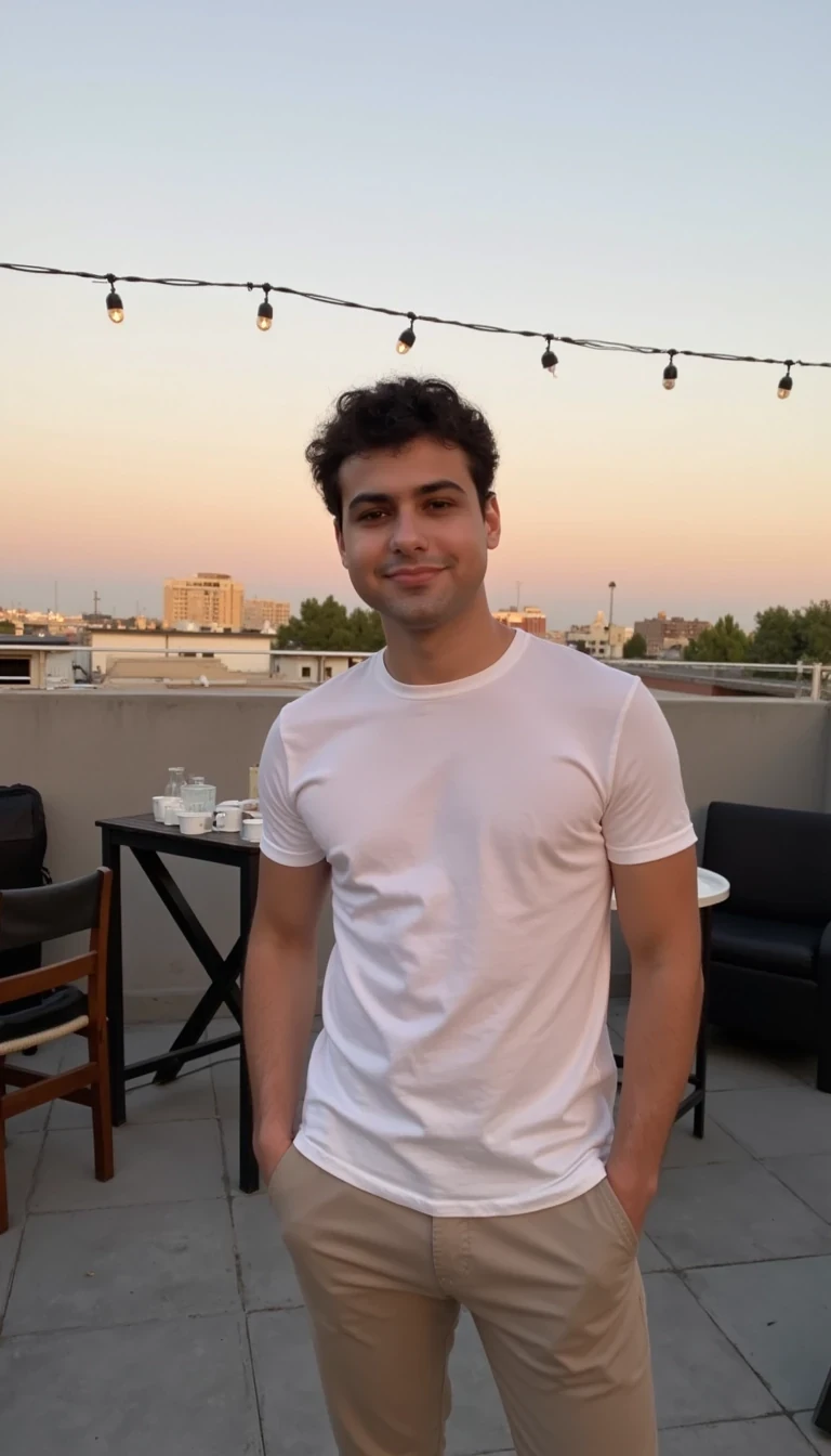 boring low quality snapchat photo of handsome 20 year old man with beautiful hair smiling, CSTMDL, POV at a casual rooftop bar during golden hour. A man stands near the edge, wearing a white t-shirt and beige pants, hands casually tucked into his pockets. He looks toward you with a relaxed expression, warm lighting, string lights above, city skyline behind him