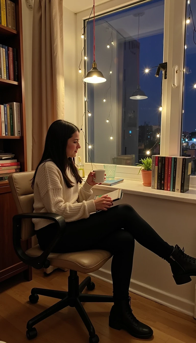 CSTMDL Nyxie 2 in a cozy reading nook, wearing an oversized sweater, sitting by a large window with fairy lights and stacks of books, holding a mug of tea while looking outside.