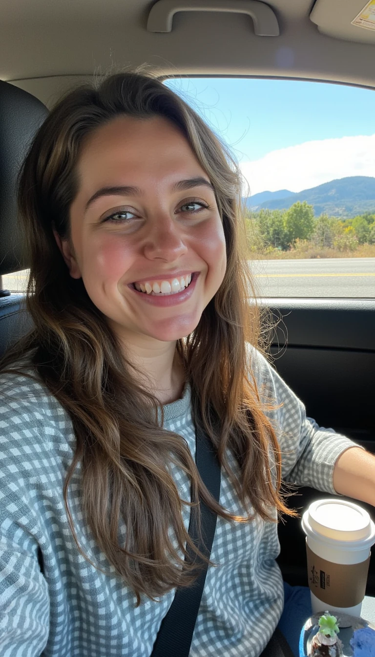 boring low quality snapchat photo circa 2015, A young woman with a warm smile, sitting in the driver's seat of a cozy car. She has soft, wavy brown hair cascading past her shoulders. The sunlight streams through the window, casting a gentle glow on her face. The interior of the car is neat and comfortable, with a coffee cup in the cup holder and a small plant on the dashboard. The background outside the window shows a scenic road lined with trees and blue skies