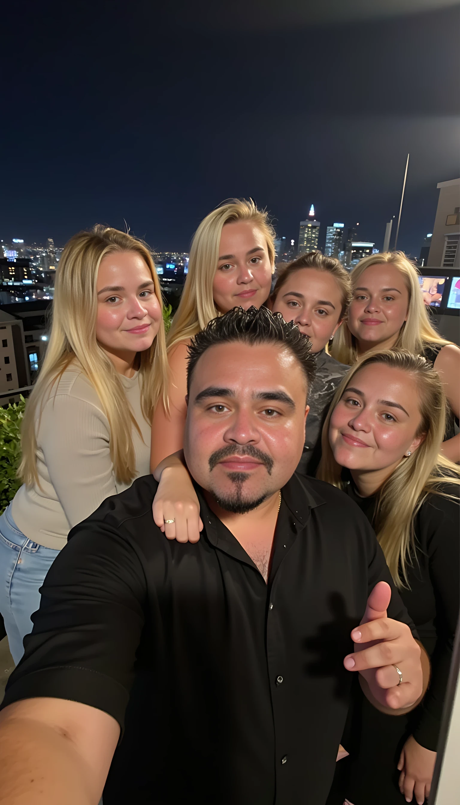 Selfie in a  mirror full man body wearing a  nice black dress shirt   Hugging with 5 blonde girls with blue eyes in a  big city night lights background 
