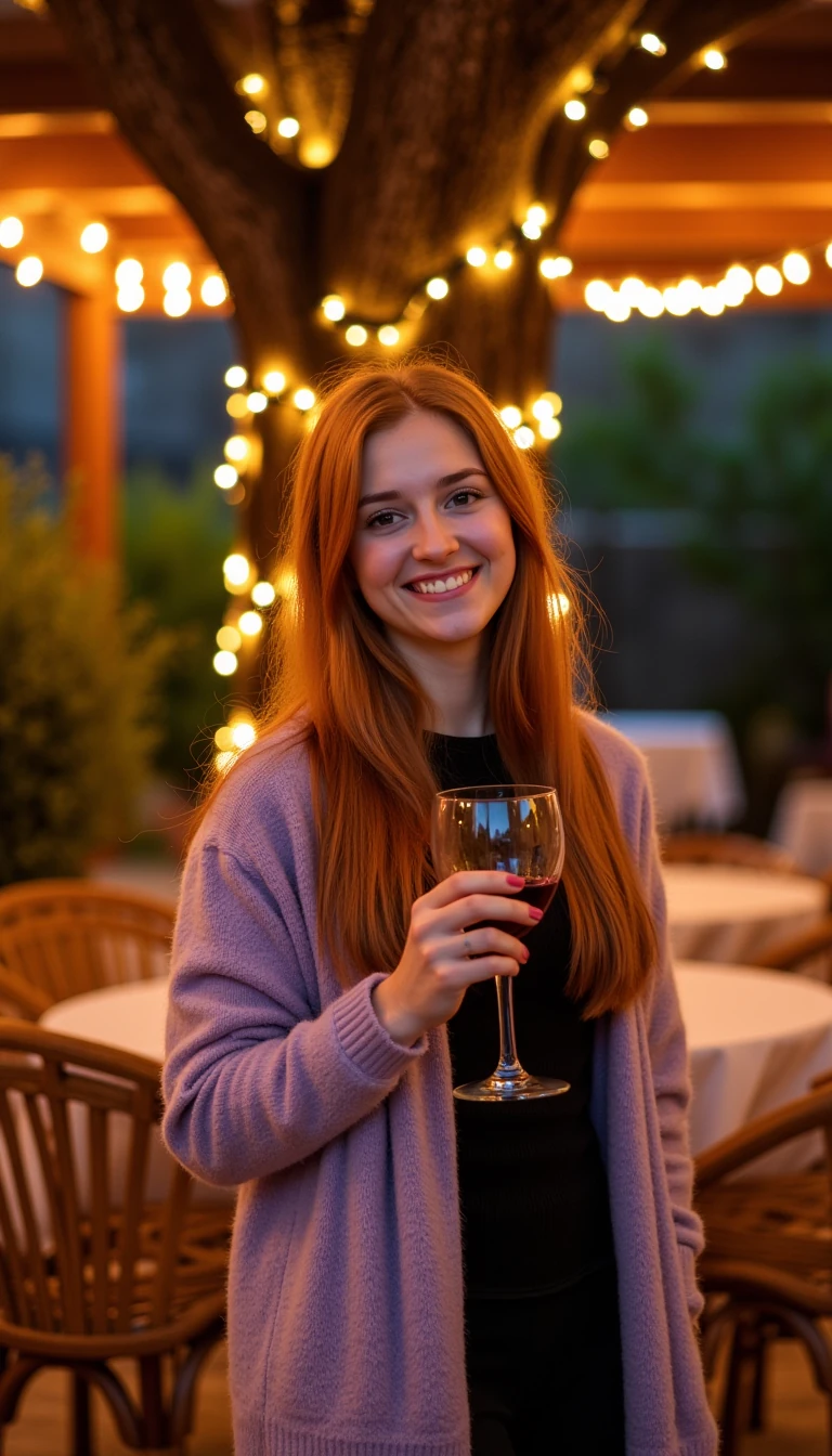A full body shot photo of a woman standing outdoors at a cozy, warmly lit patio in the evening, with soft, glowing lights wrapped around a tree behind them creating a charming atmosphere. The image is rich in detail, with warm tones and clear textures throughout. The woman has fair skin, a slim build, and long reddish-blonde hair, also worn loose. She is smiling warmly at the camera, holding a glass of red wine in her right hand, and wears a soft-textured lavender cardigan over a black top. The background features a large tree with sparkling string lights wrapped around its trunk and branches, adding a magical touch to the scene. The setting suggests a private outdoor seating area, with elements like terracotta-tiled roofing, greenery, and rattan chairs contributing to a serene, inviting vibe. The overall composition is balanced, with the woman framed against the softly glowing tree, and the lighting enhances the warm, intimate feel of a quiet evening shared among friends. The details are vivid, with textures of clothing, skin, and background elements clearly visible, while the warm lighting creates a relaxed and joyful mood