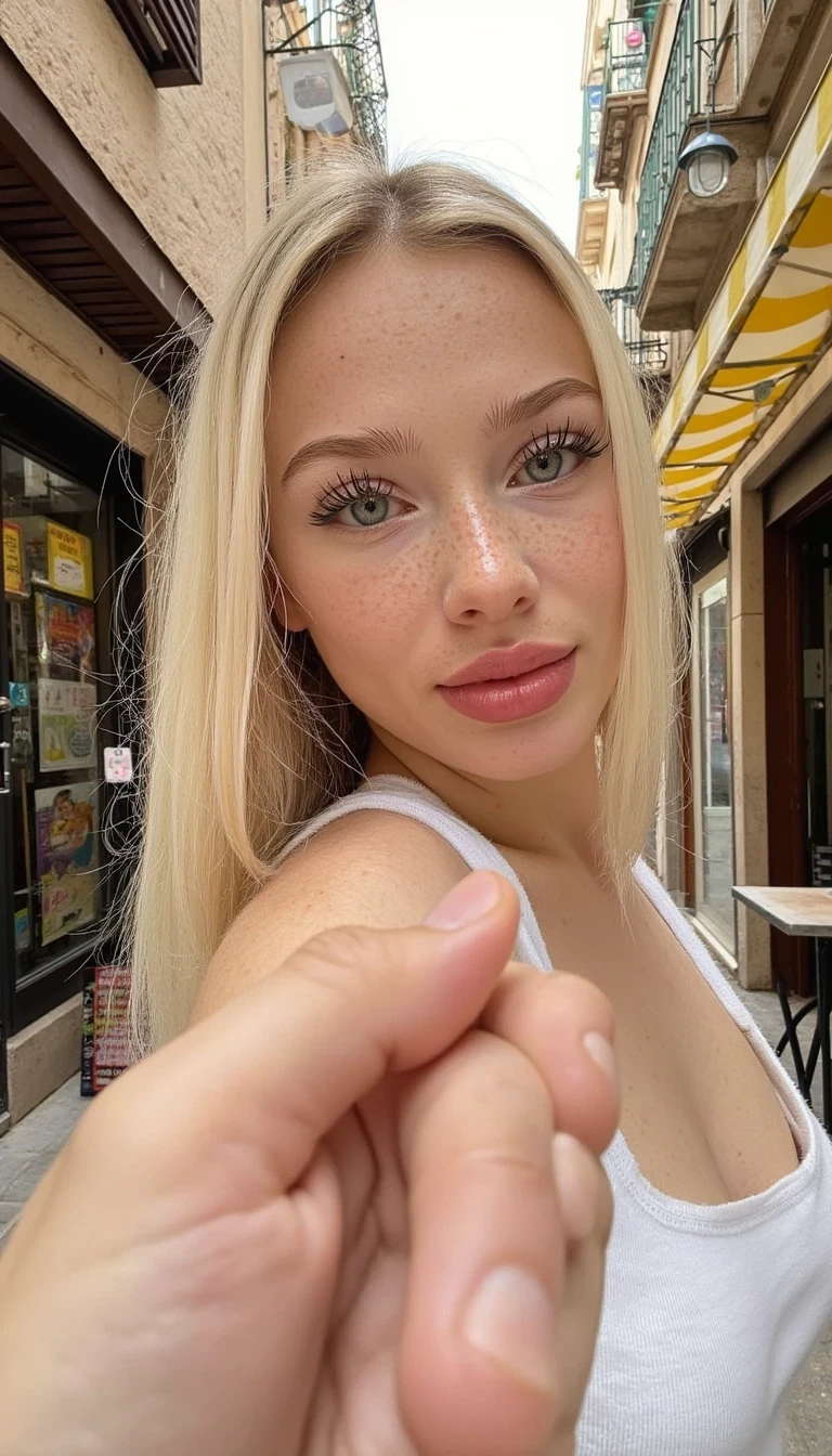 photo of woman CSTMDL, she has long blonde straight hair, very light blue eyes and fair skin. plump pink lips with a slight tint of red. she is smiling, looking away from the camera. she is a baby faced woman with striking light blue eyes and very fair skin and barely noticeable freckles and silky extremely light blonde hair. She wears minimal makeup, with subtle mascara accentuating her long lashes and a natural red gloss on her lips while smiling 
The image is taken in the popular "follow me" style — the woman is reaching her hand back toward the camera, holding the hand of the photographer (presumably a partner or friend), creating an intimate and connected feel.

Her body is turned away as if leading the person forward, but her head is turned back, engaging directly with the viewer.
Location: A narrow, charming European street — possibly in a Mediterranean city like Barcelona or somewhere in southern Italy.

Architecture: The buildings are close together with balconies, rustic walls, and storefronts, giving off an old-town vibe.

Details: The pavement is made of stone tiles. There's a yellow-and-white striped awning to the right side of the frame, and various signs and posters add to the street-level authenticity.

Lighting: It's daylight, possibly midday, with soft, natural light and gentle shadows, enhancing the warm, summery mood.

